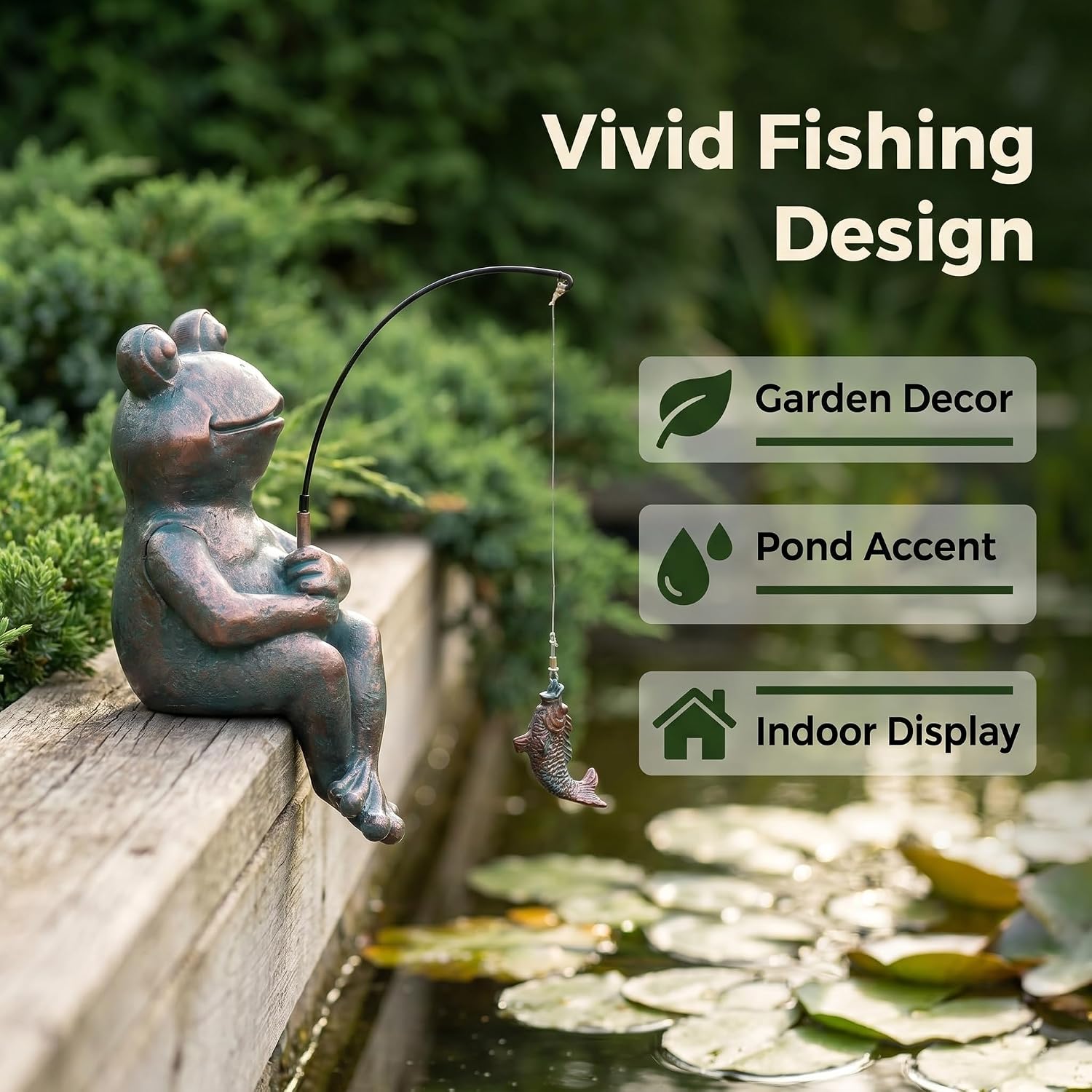 Frog Fishing Statue Garden Decor – 9.8" Weatherproof Resin Frog Fishing Sculpture Decor for Fish Ponds, Koi Ponds