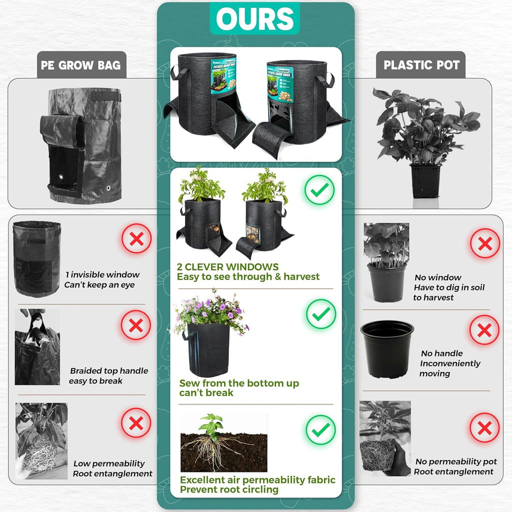 4PCS 20-Gallon Potato Grow Bag-Harvest & Visible Window Garden Planting Bag | Black Plant Grow Bag with Reinforced