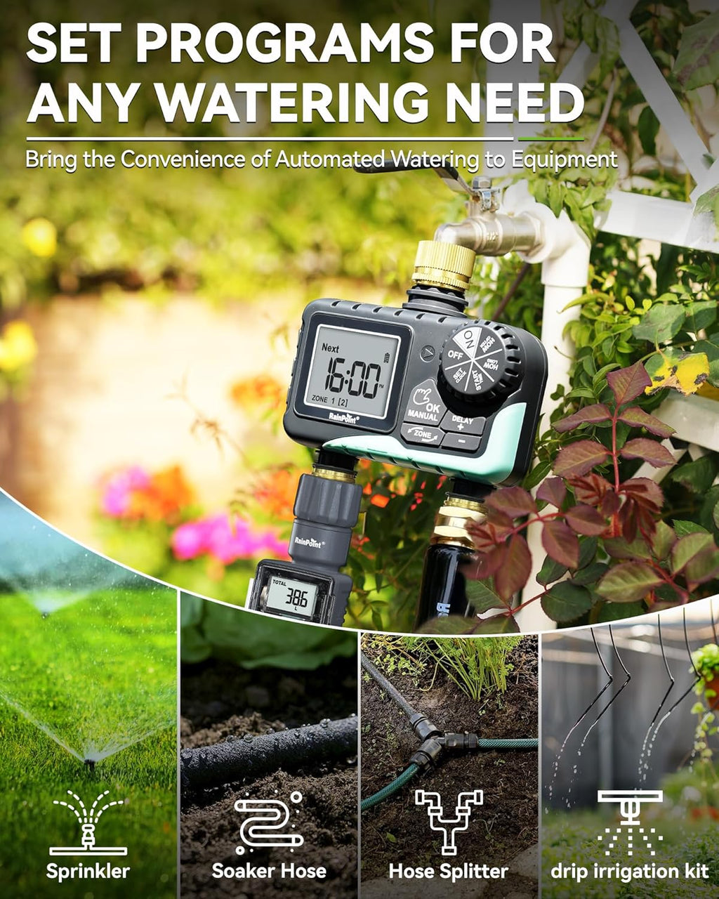RAINPOINT 2 Zone Sprinkler Timer with Brass Inlet and Outlet - Water Timer for Garden Hose with Rain Delay/Manual