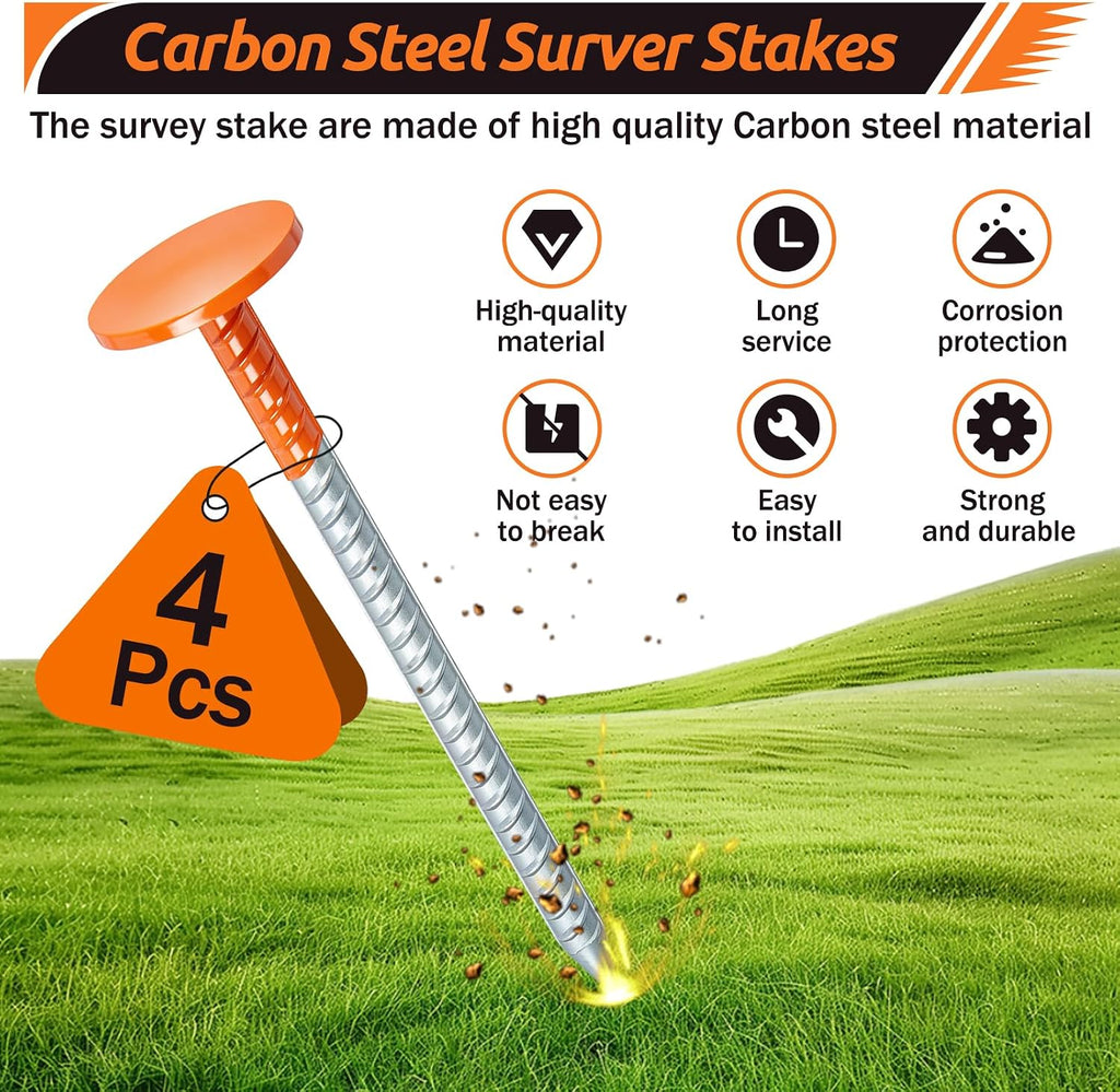 4 Pcs Rebar Survey Marker Stakes, 12 Inch Long Heavy Duty Hi Vis Property Line Marker Post, 1.35 lb Rebar Property Line