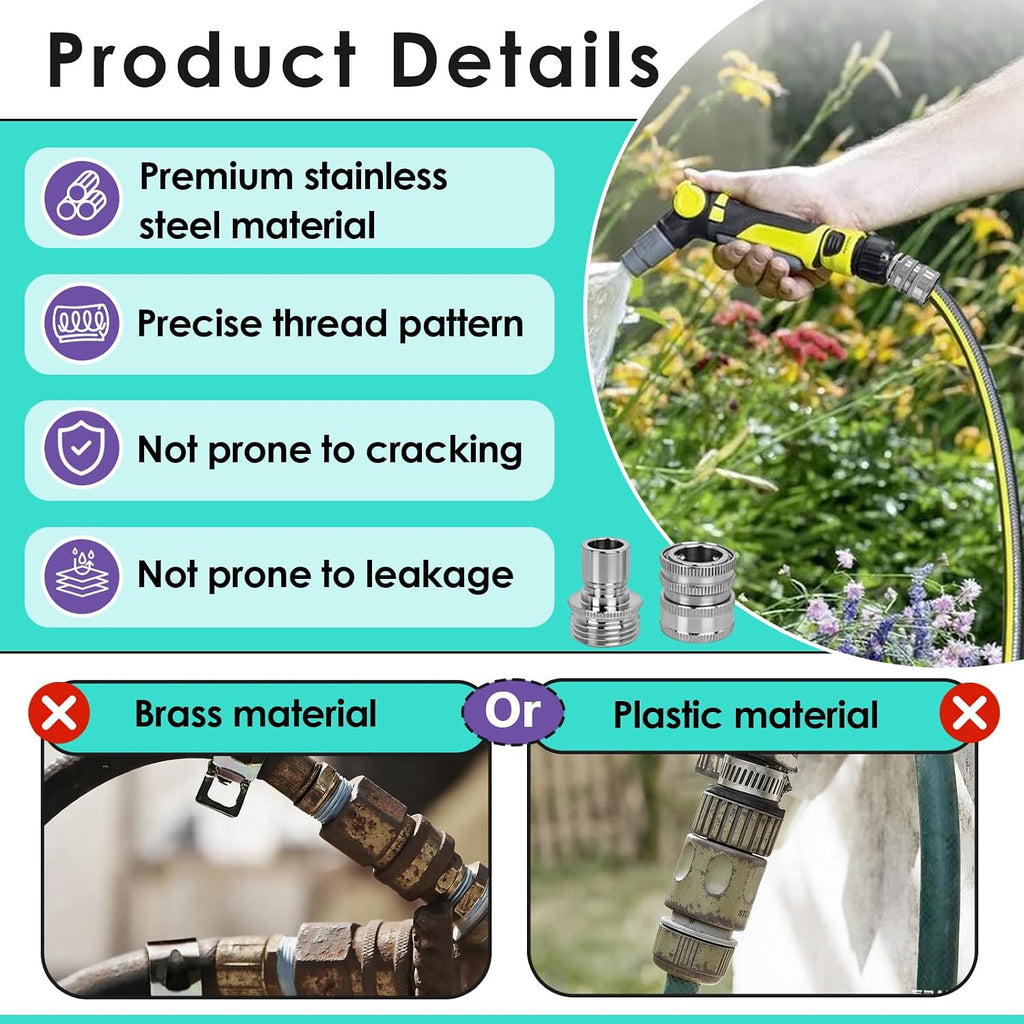 5 Set 3/4 Inch Stainless Steel Garden Hose Quick Connect Fittings Kit | 3/4 Inch GHT Water Hose Fittings, Quick Release