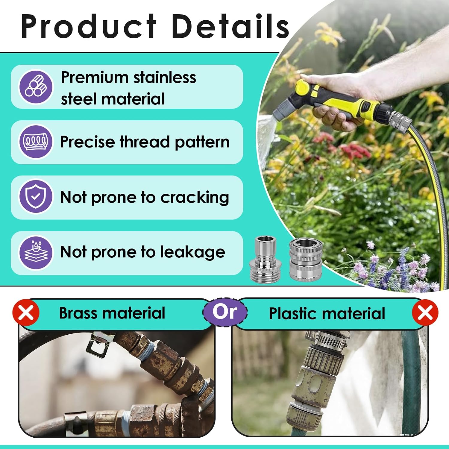5 Set 3/4 Inch Stainless Steel Garden Hose Quick Connect Fittings Kit | 3/4 Inch GHT Water Hose Fittings, Quick Release