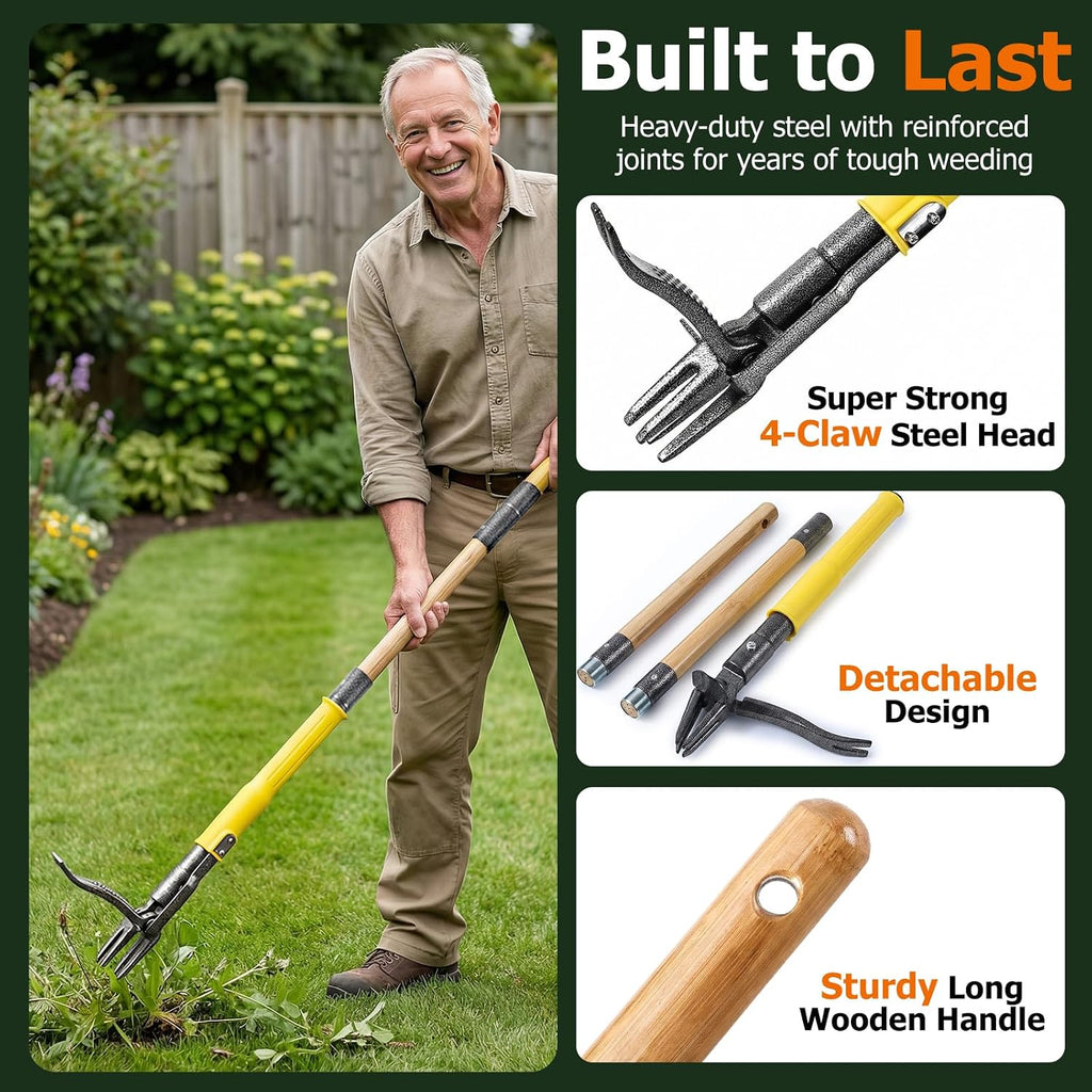 Weed Puller Tool Stand Up with Slide-Release Ejection, Reinforced Steel Weeder with 3-Section Long Handle, No-Touch