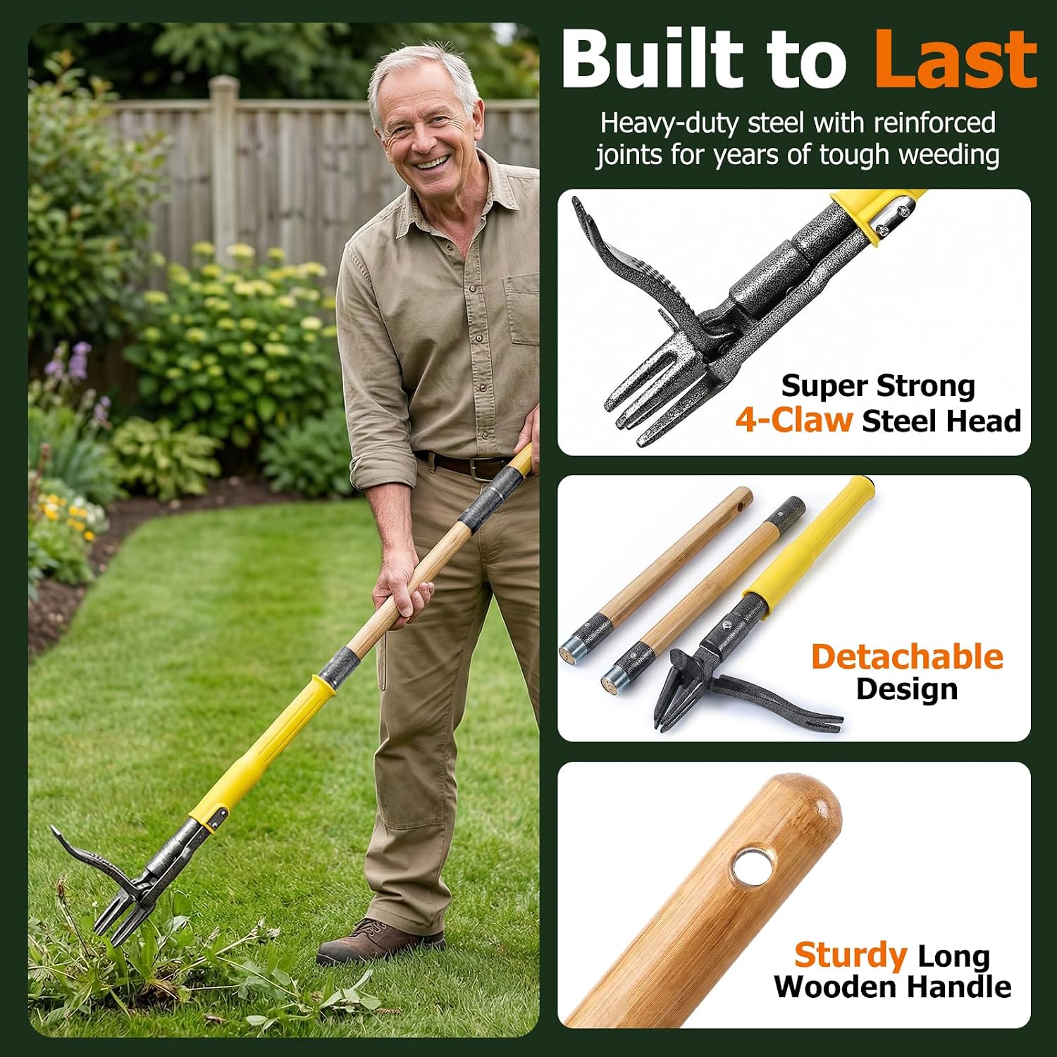 Weed Puller Tool Stand Up with Slide-Release Ejection, Reinforced Steel Weeder with 3-Section Long Handle, No-Touch