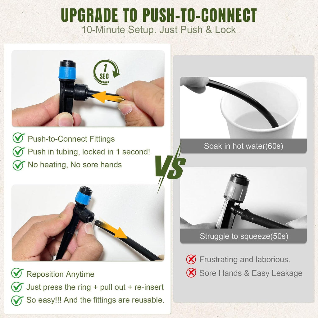 Push-to-Connect Drip Irrigation System Kit, Complete Premium Garden Watering System with 50FT 1/2" Mainline