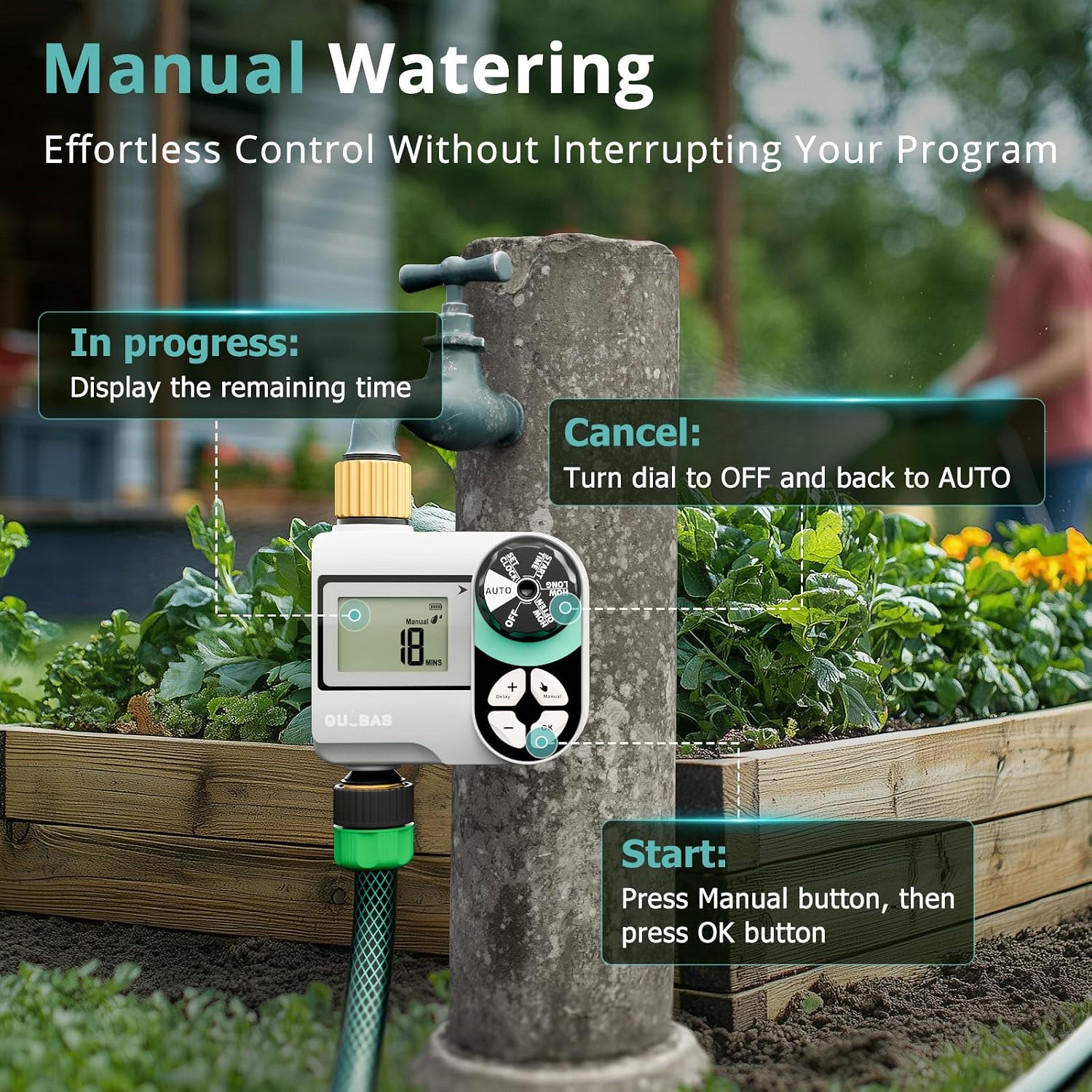 QUOBAS Brass Sprinkler Timer, Programmable Water Hose Timer for Garden Hose | Faucet Timer with Waterproof HD Screen