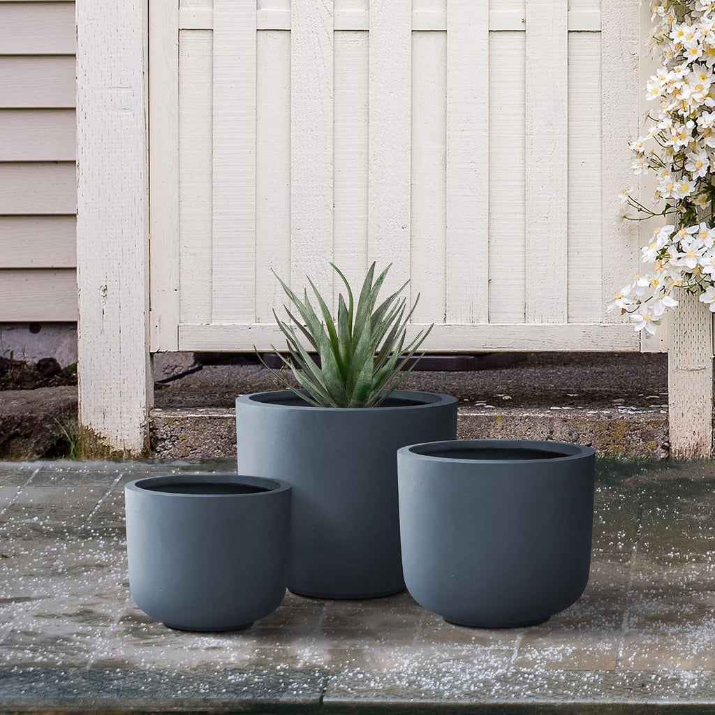 Kante Set of 3 Charcoal Concrete Capsule Planters 13.1" 11" 9" Dia | Drainage for Outdoor, Rubber Plug for Indoor Home
