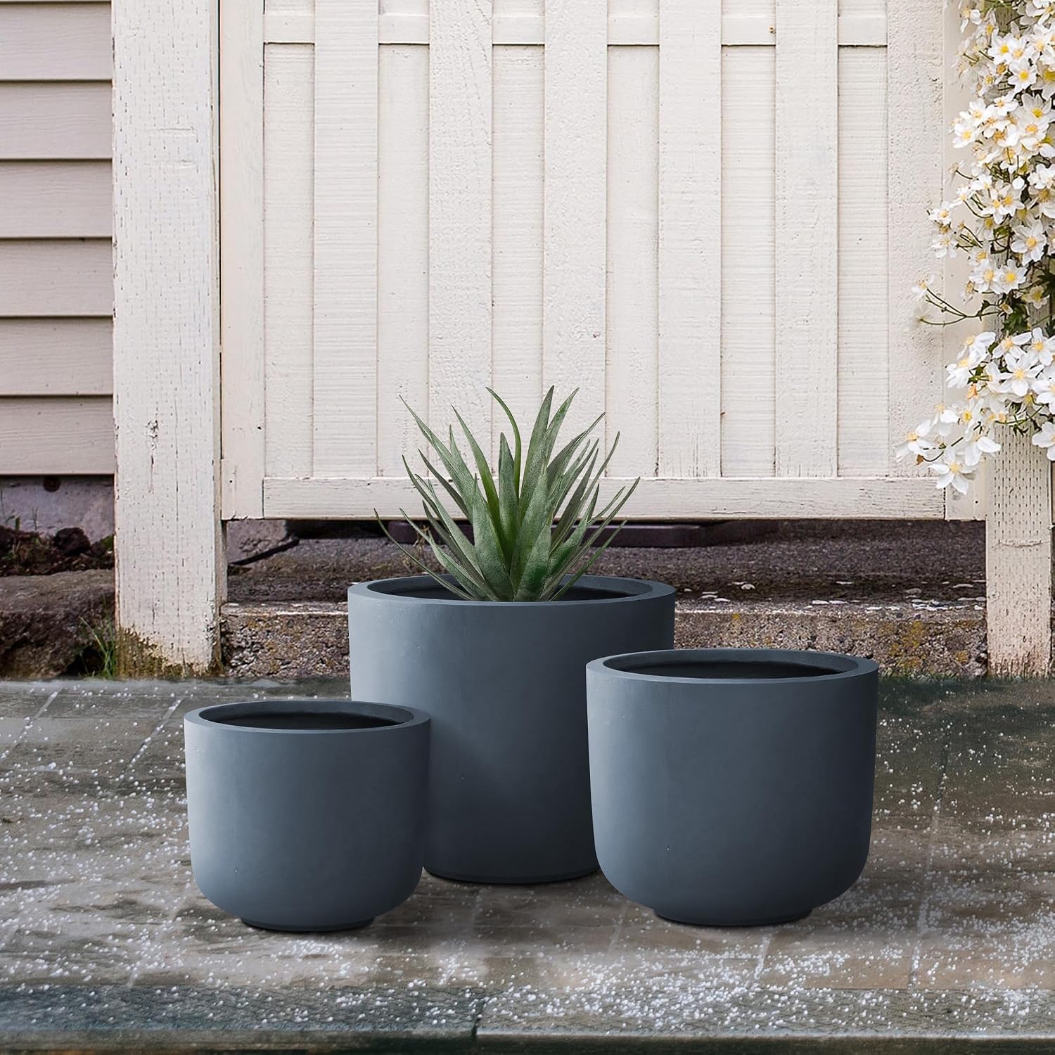 Kante Set of 3 Charcoal Concrete Capsule Planters 13.1" 11" 9" Dia | Drainage for Outdoor, Rubber Plug for Indoor Home