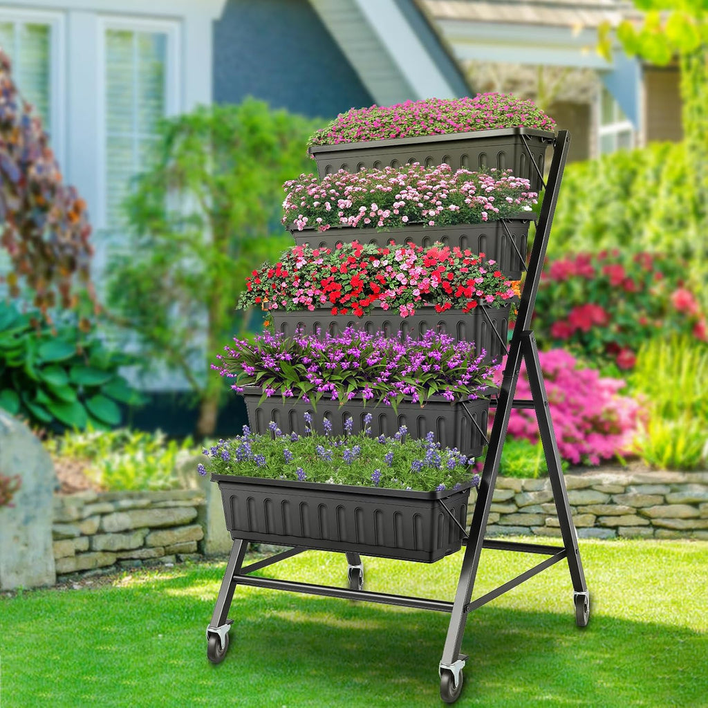TEANDE Vertical Raised Garden Bed with Lockable Wheels, 5-Tier Elevated Planter Box w/Drainage System & 4 Hooks for