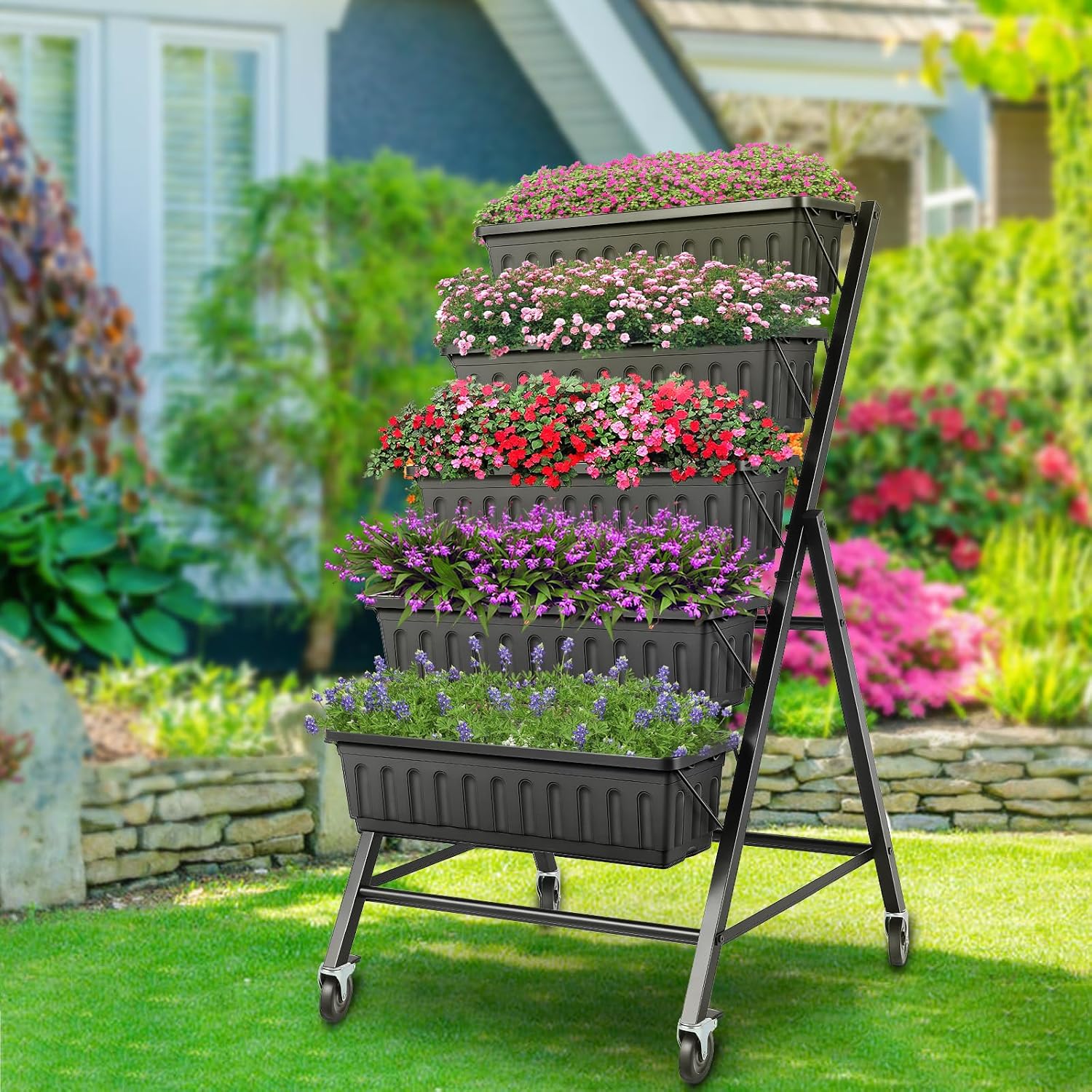 TEANDE Vertical Raised Garden Bed with Lockable Wheels, 5-Tier Elevated Planter Box w/Drainage System & 4 Hooks for