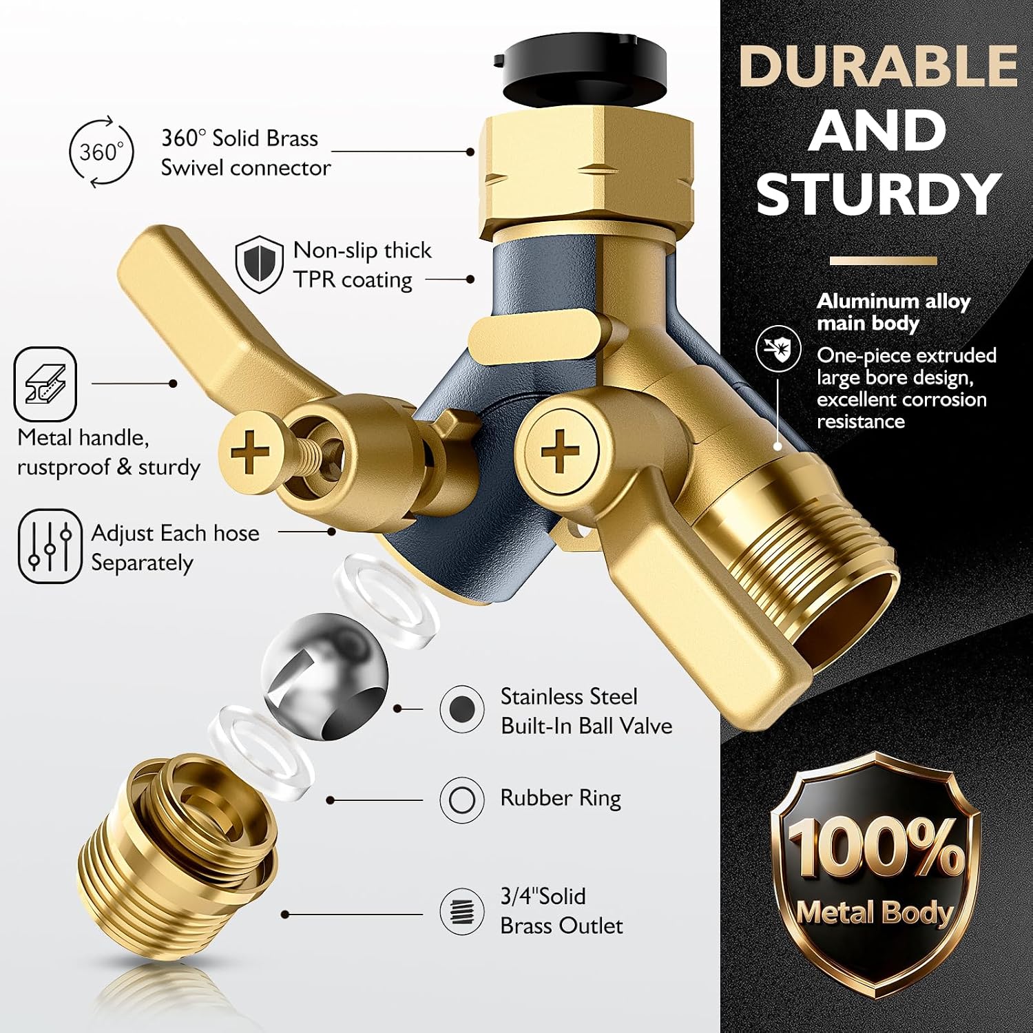 Garden Hose Splitter 2 Way Heavy Duty, Water Hose Bib Splitter with Shutoff Valves, Full Metal Body Y Hose Connector