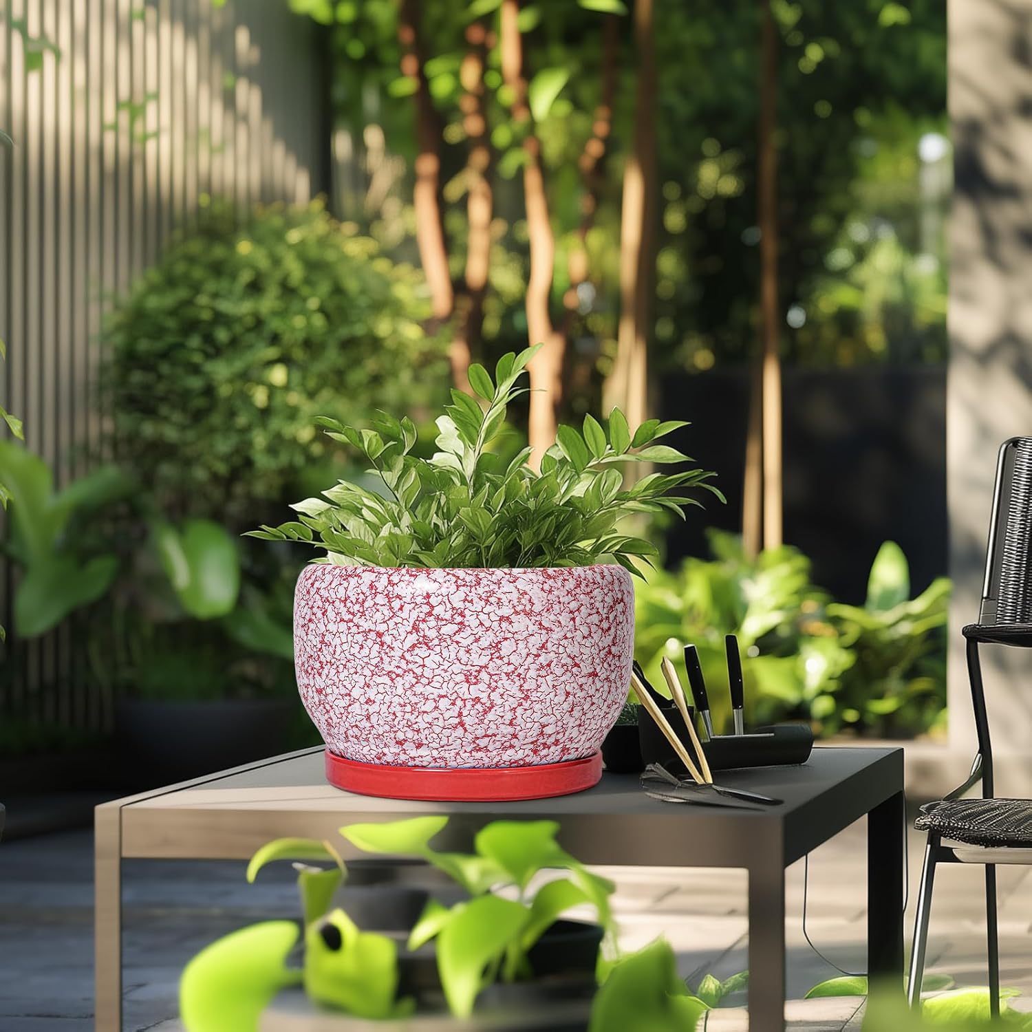 SQOWL Ceramic Planters for Indoor Plants - 10 Inch Flower Pots with Drainage Hole and Saucer, Decorative Ceramic Plant
