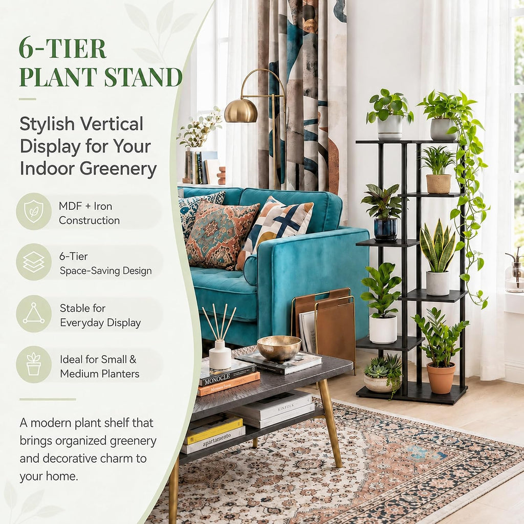 Corner Tall Plant Stand Indoor 6 Tier 8 Potted, Black | Functions as Flower Pots, Shelf, Decor Rack, Holder, Metal