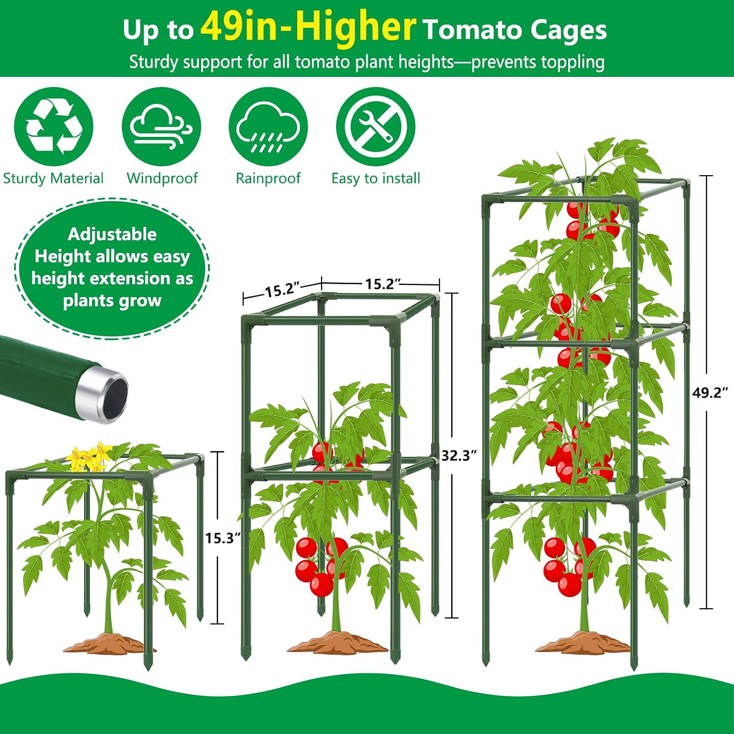 3 Set 49" Square Tomato Cages with 18 Gallon Grow Bags, Steel Trellis | Heavy Duty Tomato Trellis Kit, Garden Plant