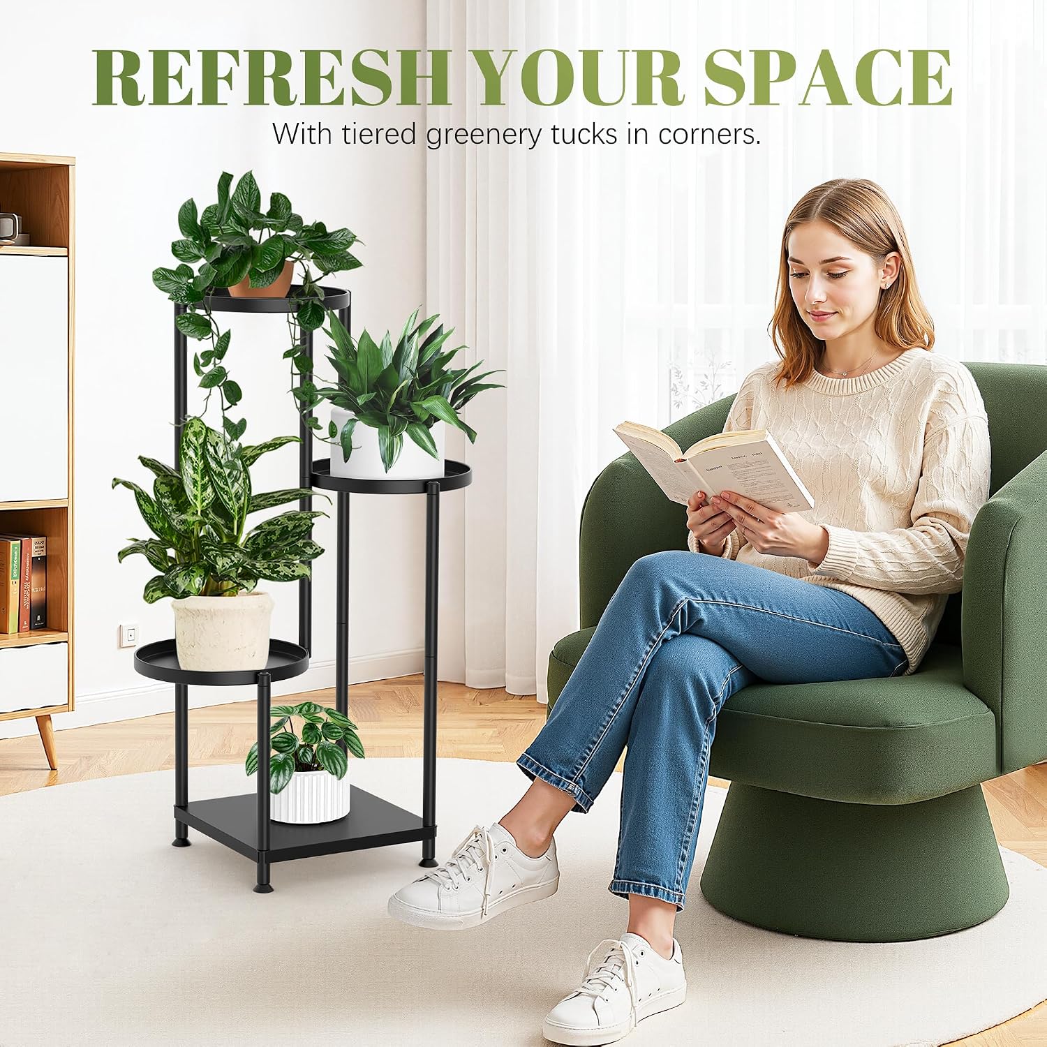 Plant Stand Indoor Outdoor, 4 Tier Metal Shelf Holder Corner | Multiple Plants Rack Tall Holder, Sturdy Rustproof