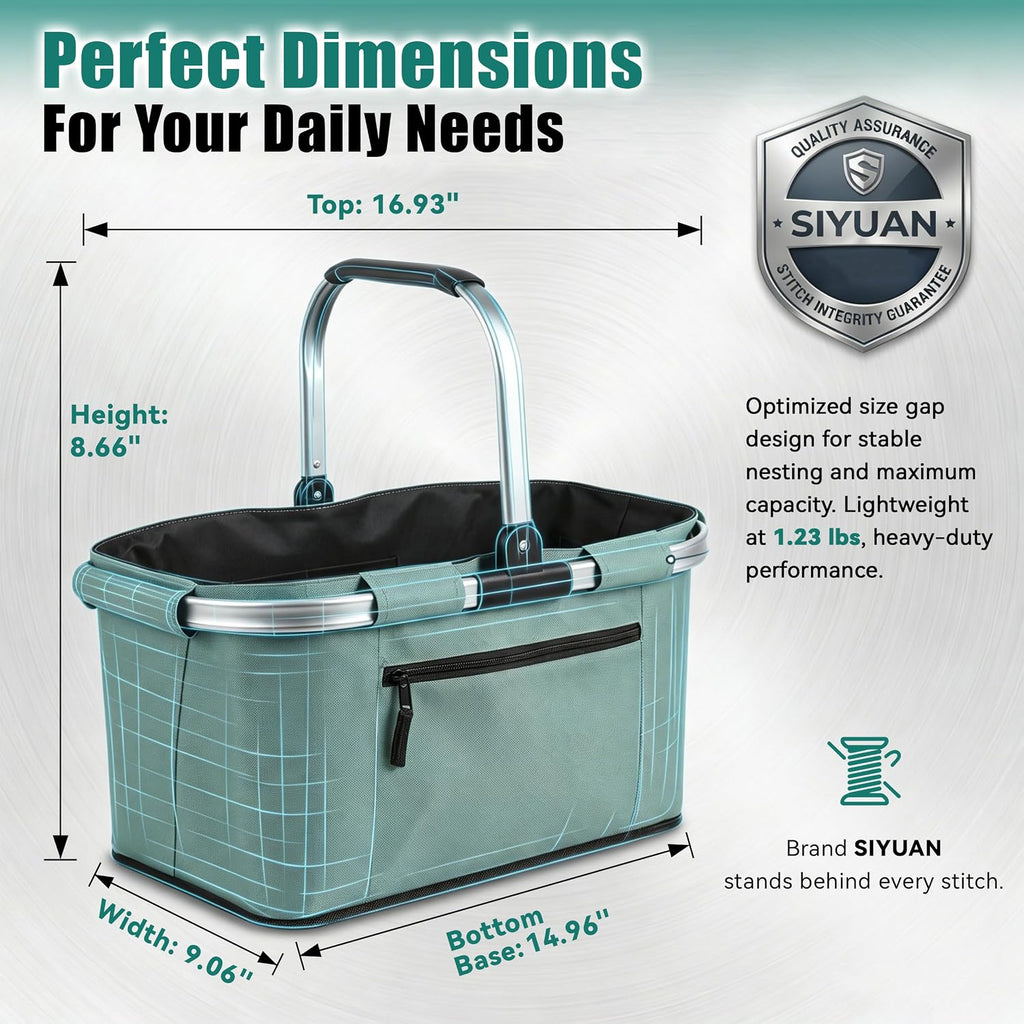 Picnic Basket, SIYUAN Shopping Basket with Handle 22L Collapsible Grocery Basket Portable Folding Basket for Marketing