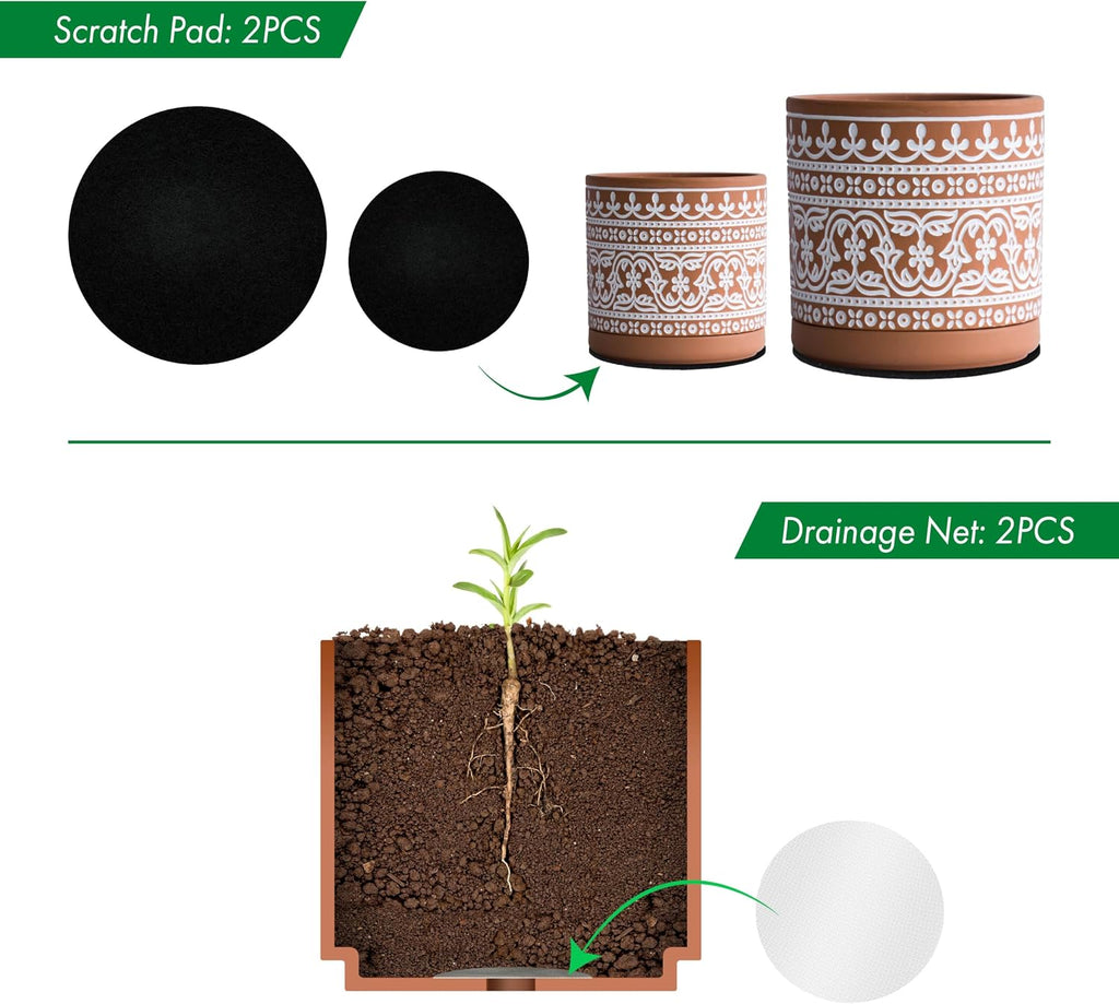 D'vine Dev 2-Pack Terracotta Pots, 4/6 in, Terra/White, 31-958-F-1 | Hand-Painted Pattern, Natural Clay Texture