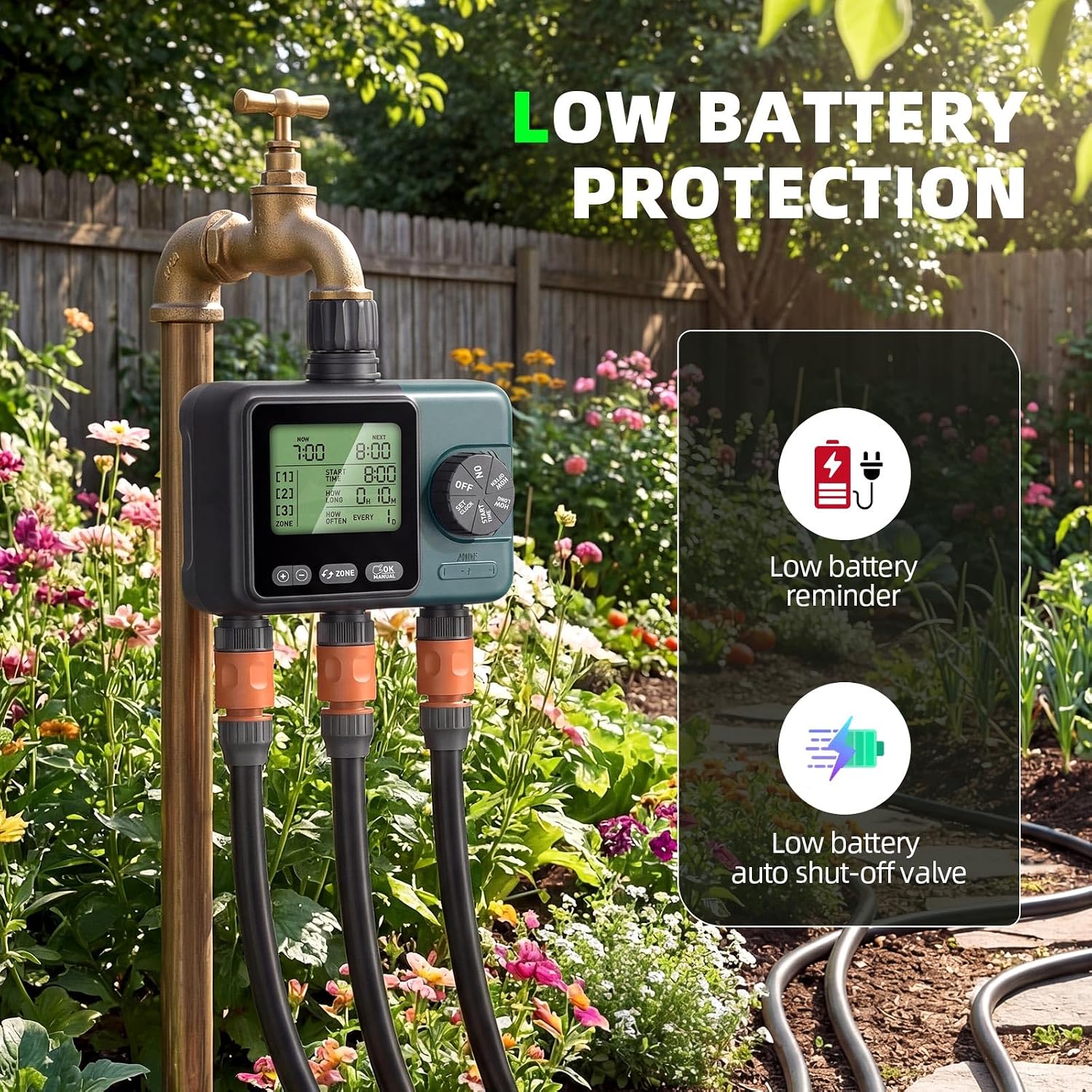 3 Zone Sprinkler Timer,3 Custom Watering Plans Hose Time, IP65 Waterproof, Rain Delay Manual & Automatic Watering with