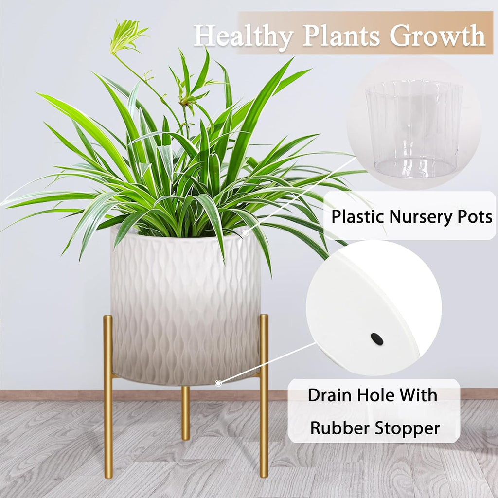 ARNIS Plants Pots with Stand, Set of 2 Indoor Planter Pots, Unique Mid Century Decorative Metal Flower Pots with