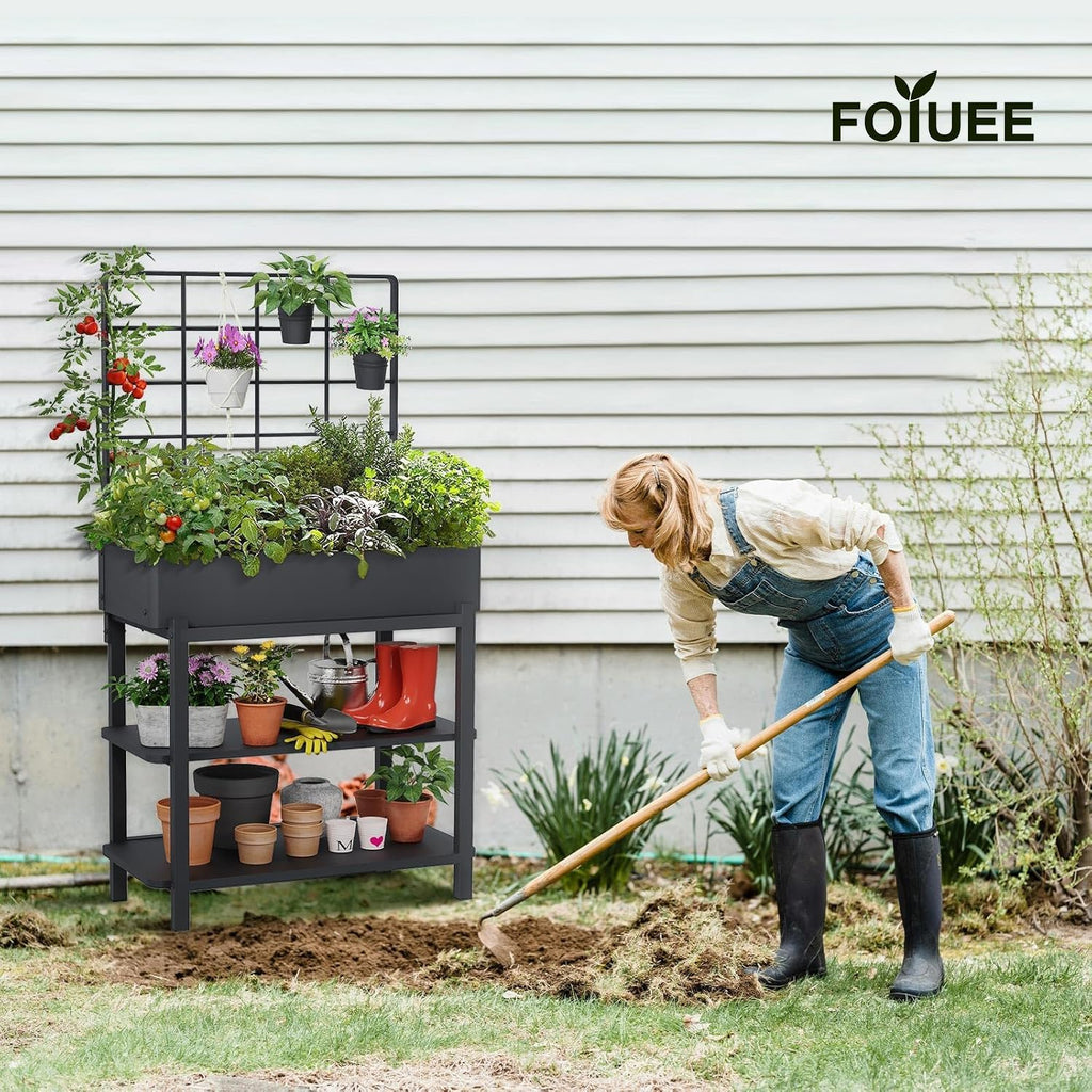 Metal Raised Garden Bed with Trellis & Legs | 2-tier shelf, 3 flower pots, 36" tall no-bend, rust-resistant, ideal for