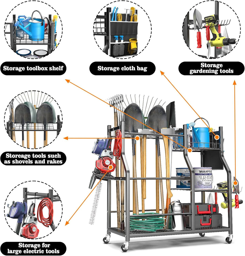 36" Large Garden Tool Organizer with Wheels & Side Tool Bag, 3 Tier Rolling Garage Storage Rack for Long Handled Rakes