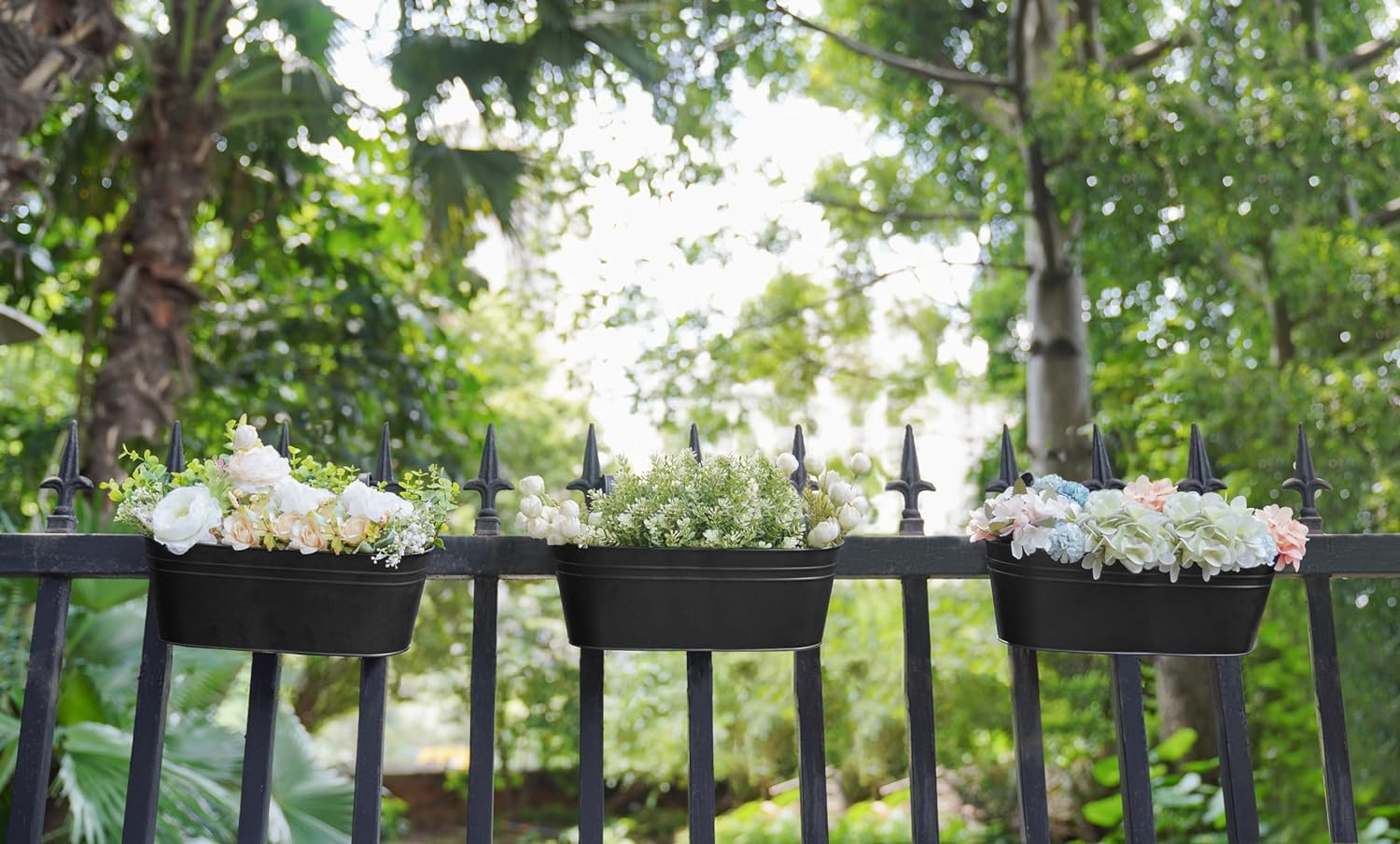Dahey 15 Inches Railing Planter Box 3 Pcs Metal Hanging Flower Pots, Black | 2.7" Width Detachable Hooks, Outdoor