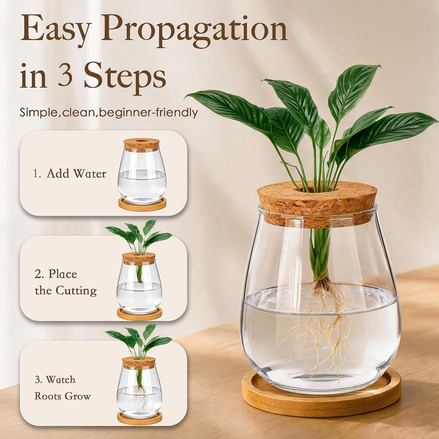 6 Pcs Plant Propagation Station Set, Glass Propagation Vases for Plants with Wooden Lids & Bamboo Stands, Hydroponic