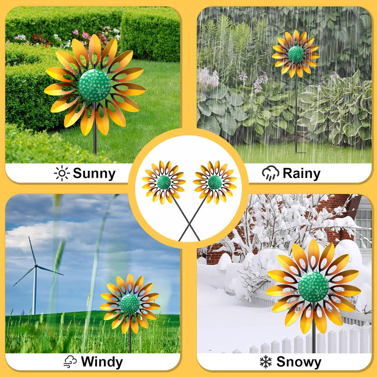 2pcs Sunflower Wind Spinner Outdoor, Freestanding Kinetic Wind Sculpture with Stake, Metal Windmill for Outside Garden