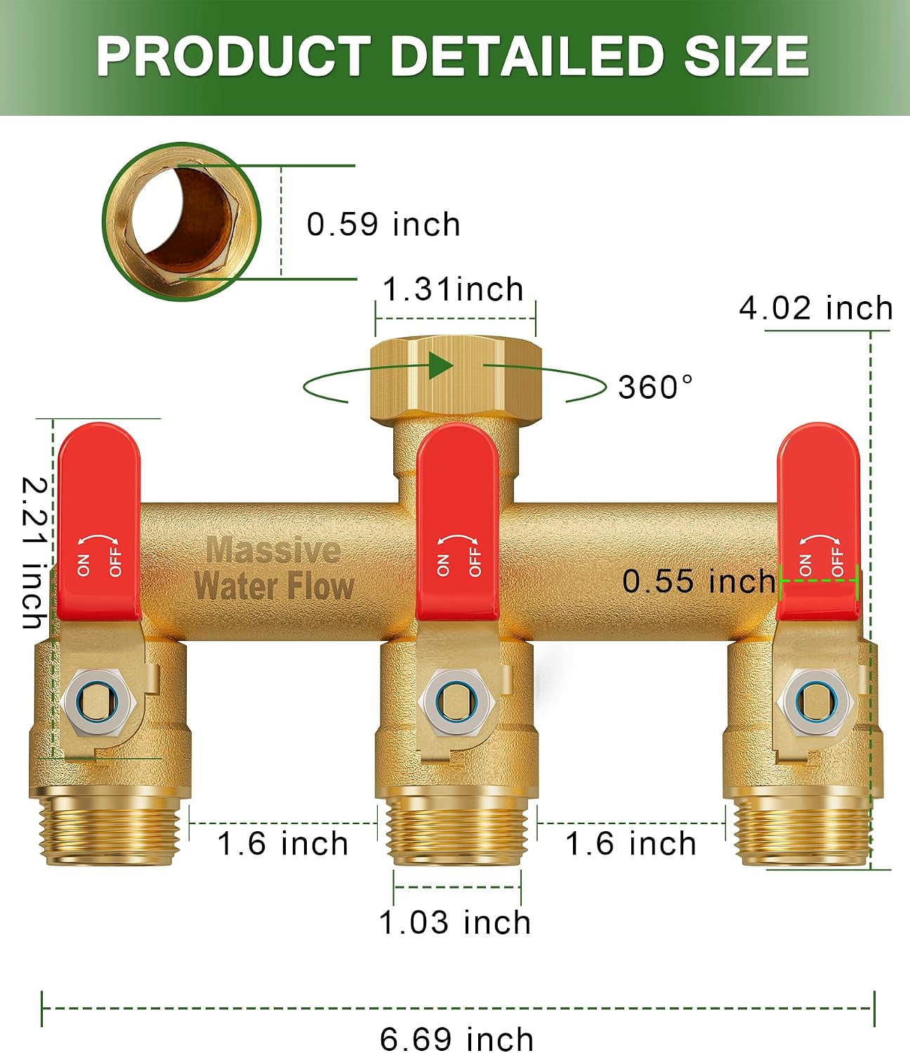 3 Way Hose Splitter, Heavy Duty Full Flow Garden Water Hose Bib Spigot Splitter, Brass Rust and Freeze Resistant