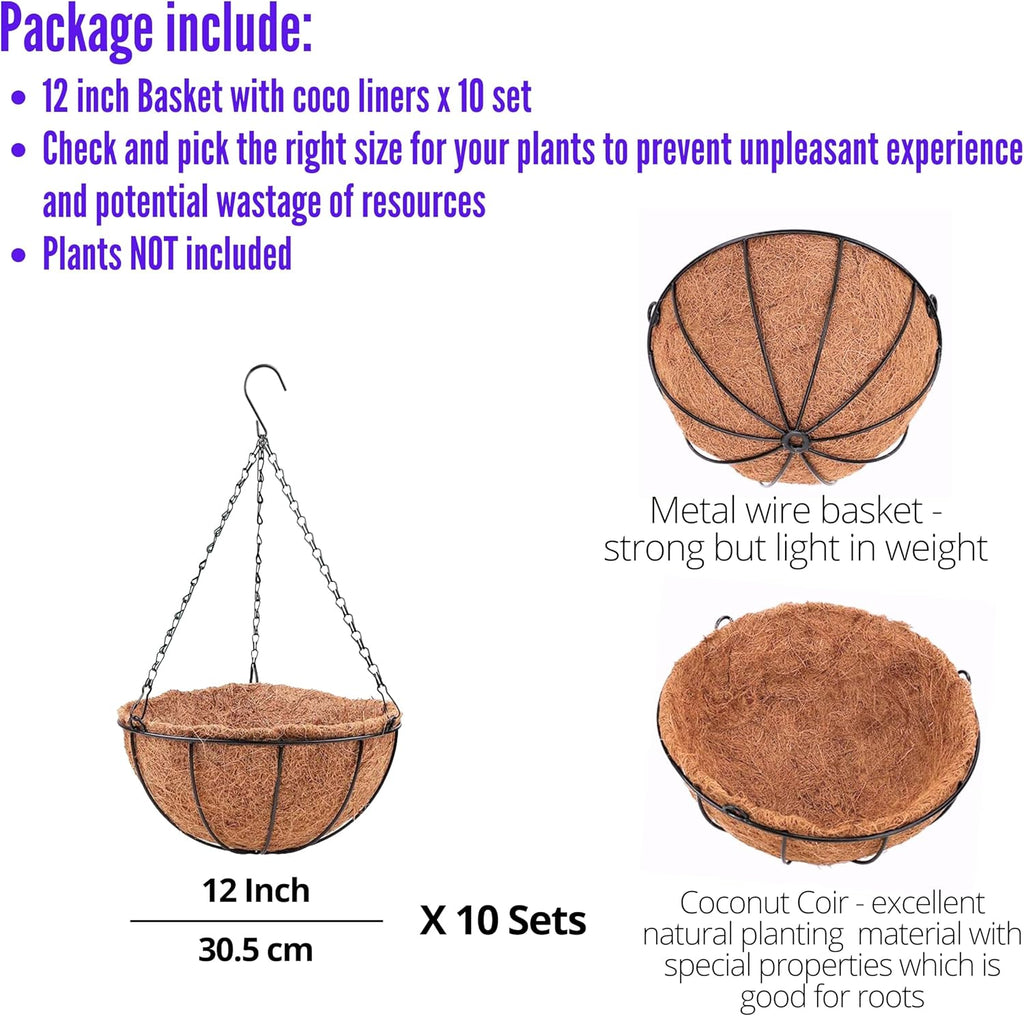 LaLaGreen Hanging Planters with Coco Liners (10 Pack, 12 Inch) Hanging Baskets for Plant Outdoor Hanging Plant Pot