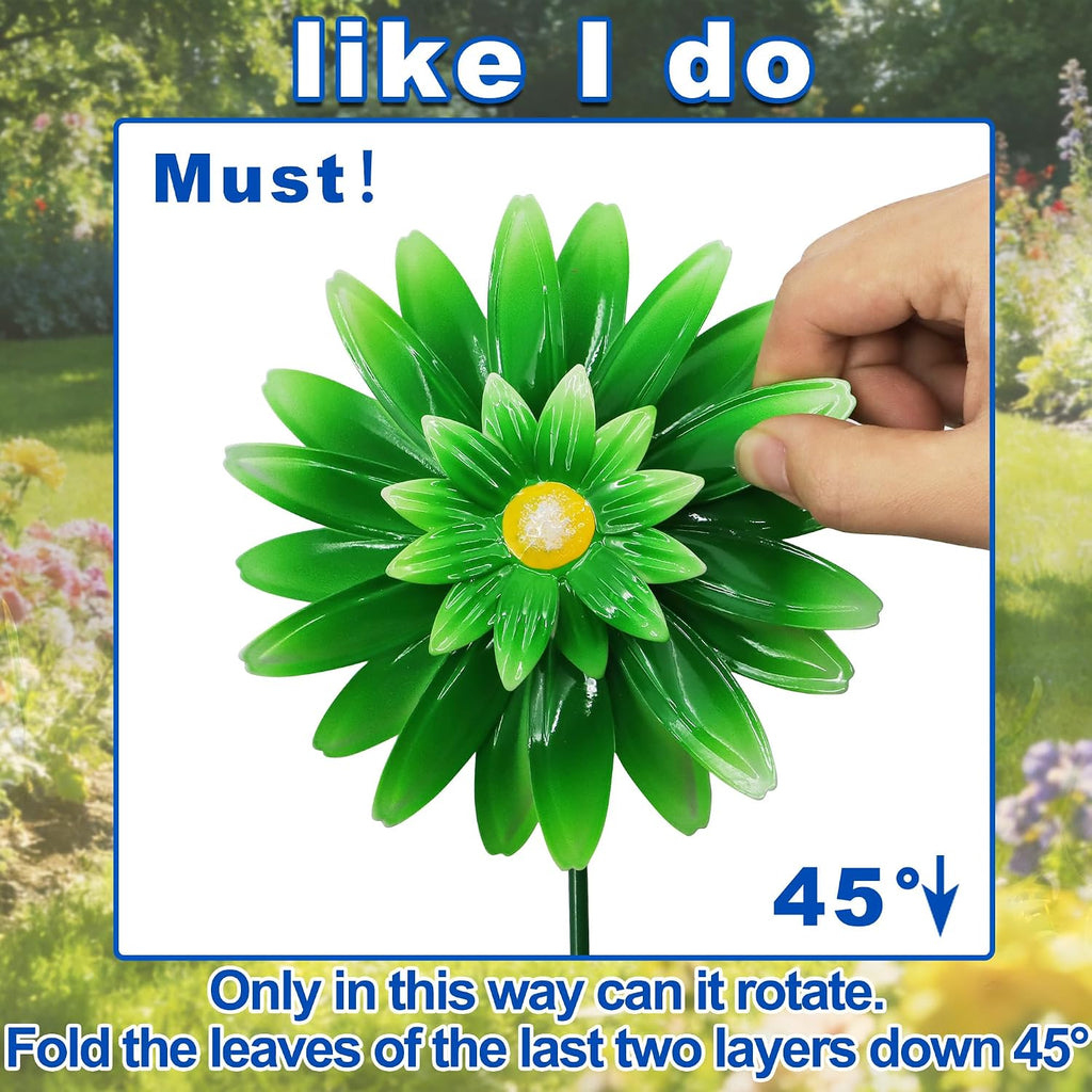 3 Pack Metal Flower Wind Spinner 18in Garden Stake Kinetic Yard Art | Retro Floral Design、Weather Resistant、Spring