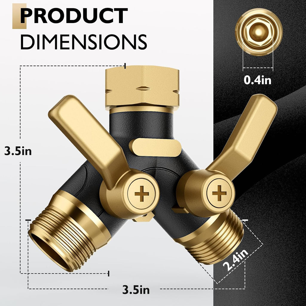 Garden Hose Splitter 2 Way Heavy Duty, Water Hose Bib Splitter with Shutoff Valves, Full Metal Body Y Hose Connector