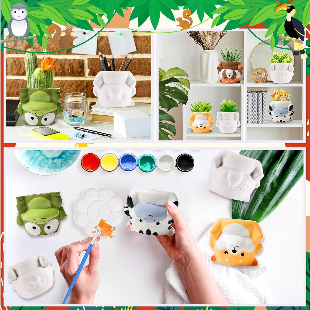 Chuangdi 6 Sets DIY Ceramic Succulent Pots Ready to Paint Animal Unpainted Ceramic Painting Flower Pot with Drainage