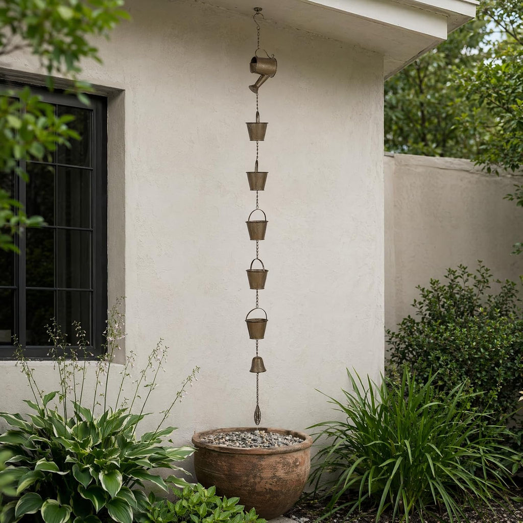 Jemeni 5 Ft Copper Patina Rain Chain, Downspout Replacement | Rain Chain for Gutter with Watering Can Design, Paired