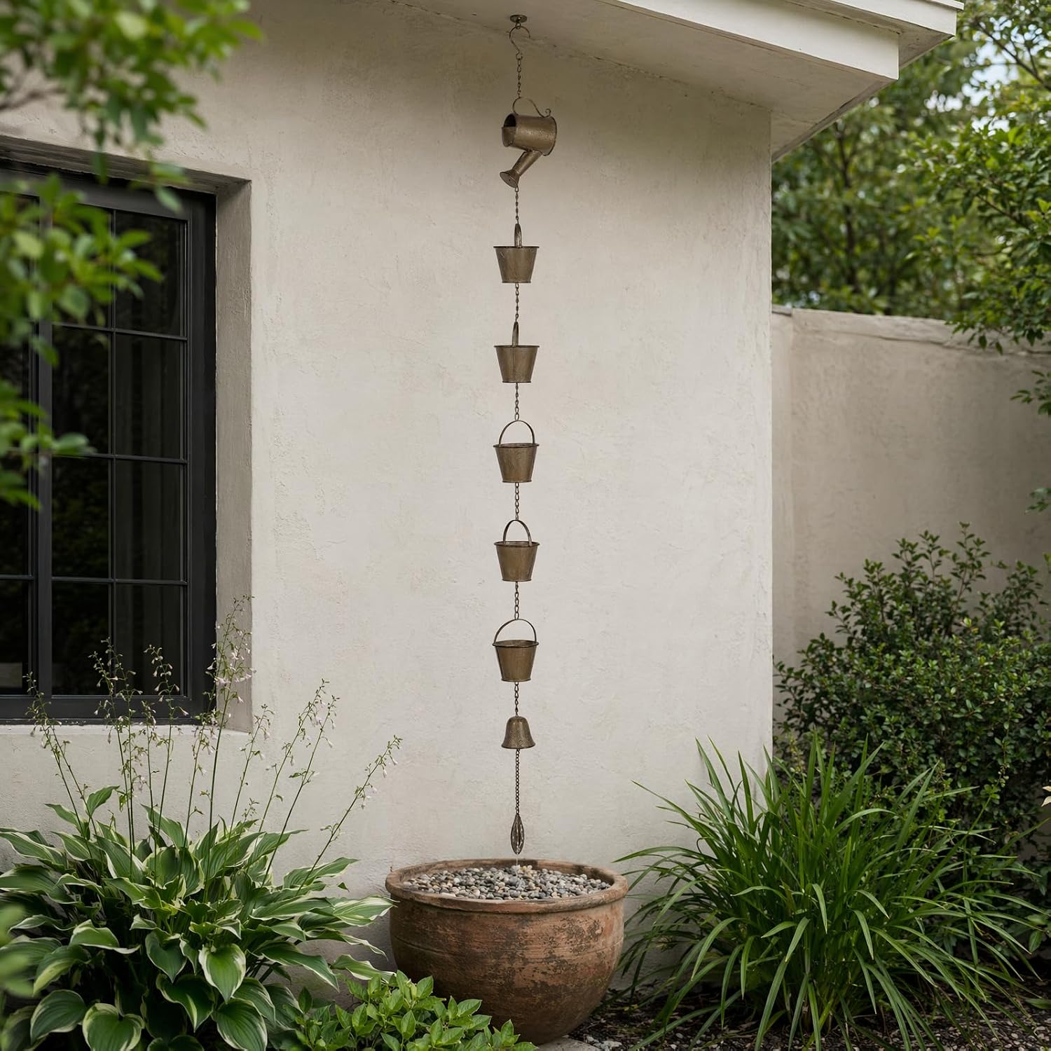 Jemeni 5 Ft Copper Patina Rain Chain, Downspout Replacement | Rain Chain for Gutter with Watering Can Design, Paired