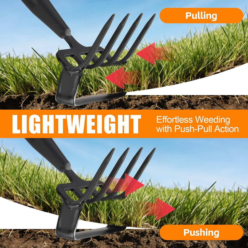 2-in-1 Heavy Duty Garden Hoe with 60" Adjustable Handle, Stirrup Hoe & Cultivator Weeding Rake - Lightweight Gardening