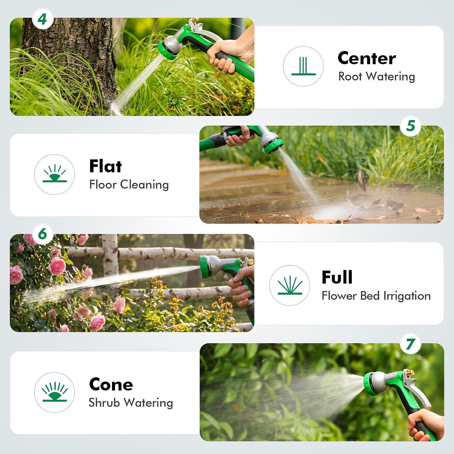 RESTMO Garden Hose Nozzle Heavy Duty, Rear Trigger Water Sprayer, Green | 7 Adjustable Spray Patterns, Durable Metal