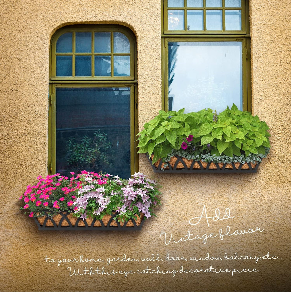 24" Hanging Window Box Basket w/Coco Liner, Black, 4-Pack | Coco Liner, Outdoor Balcony Porch Fence Patio, Home, Office