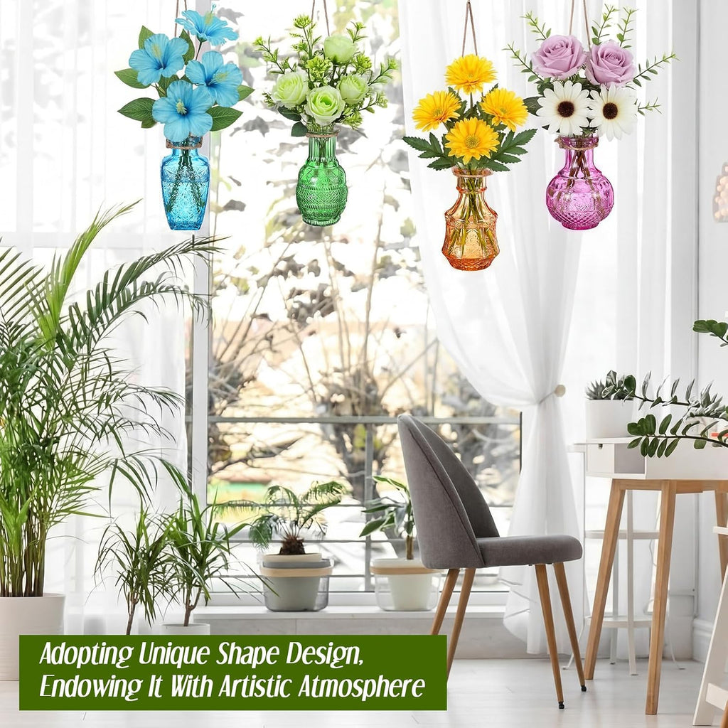 4 Pcs Stained Glass Hanging Vases Hanging Glass Planters Small Plant Terrarium Pot Containers with Rope for Garden Home