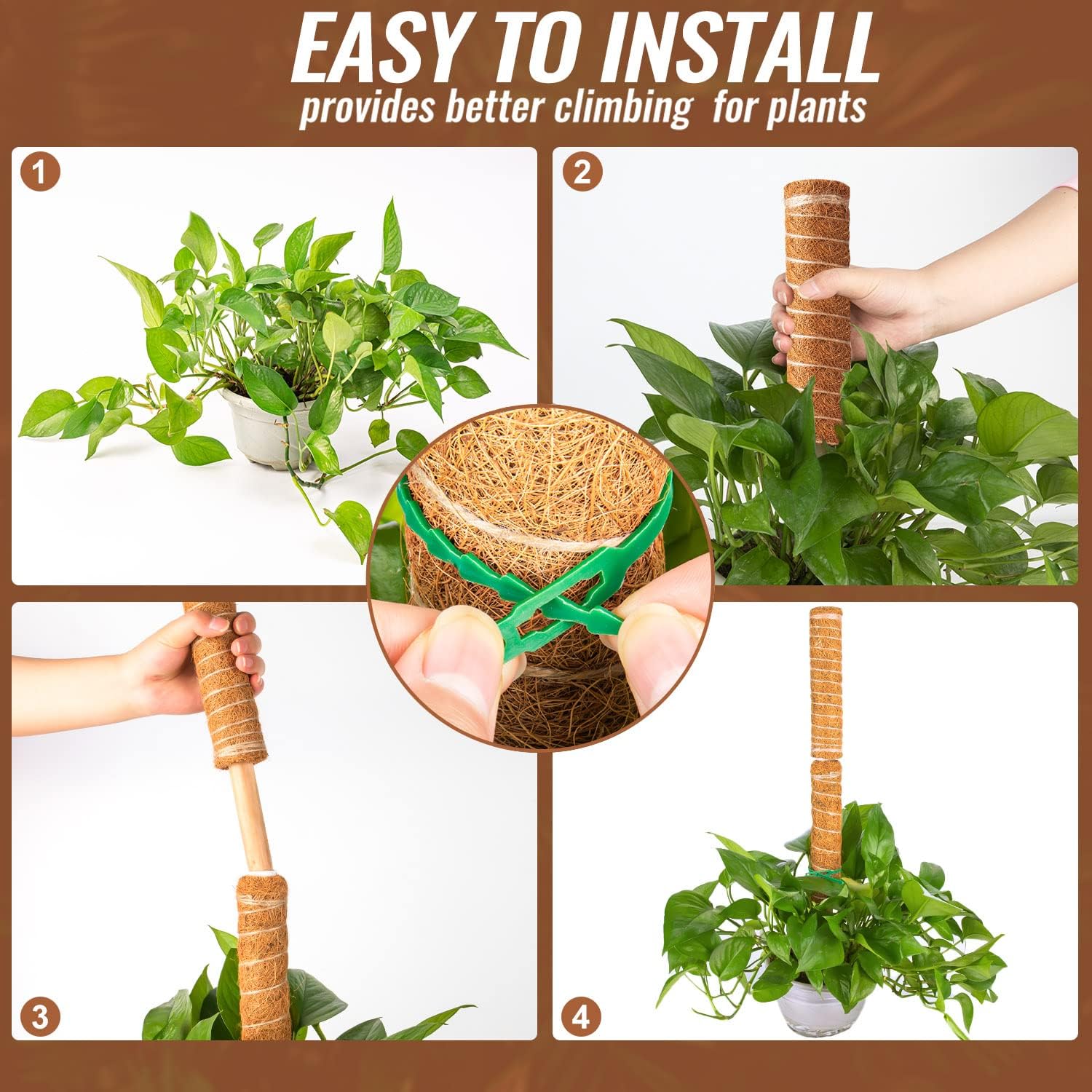 Coir Moss Poles for Climbing Plants, 8 Pcs 12'' Coir Moss Totem Stick | with 16 Pcs Adjustable Plant Ties, For Creepers