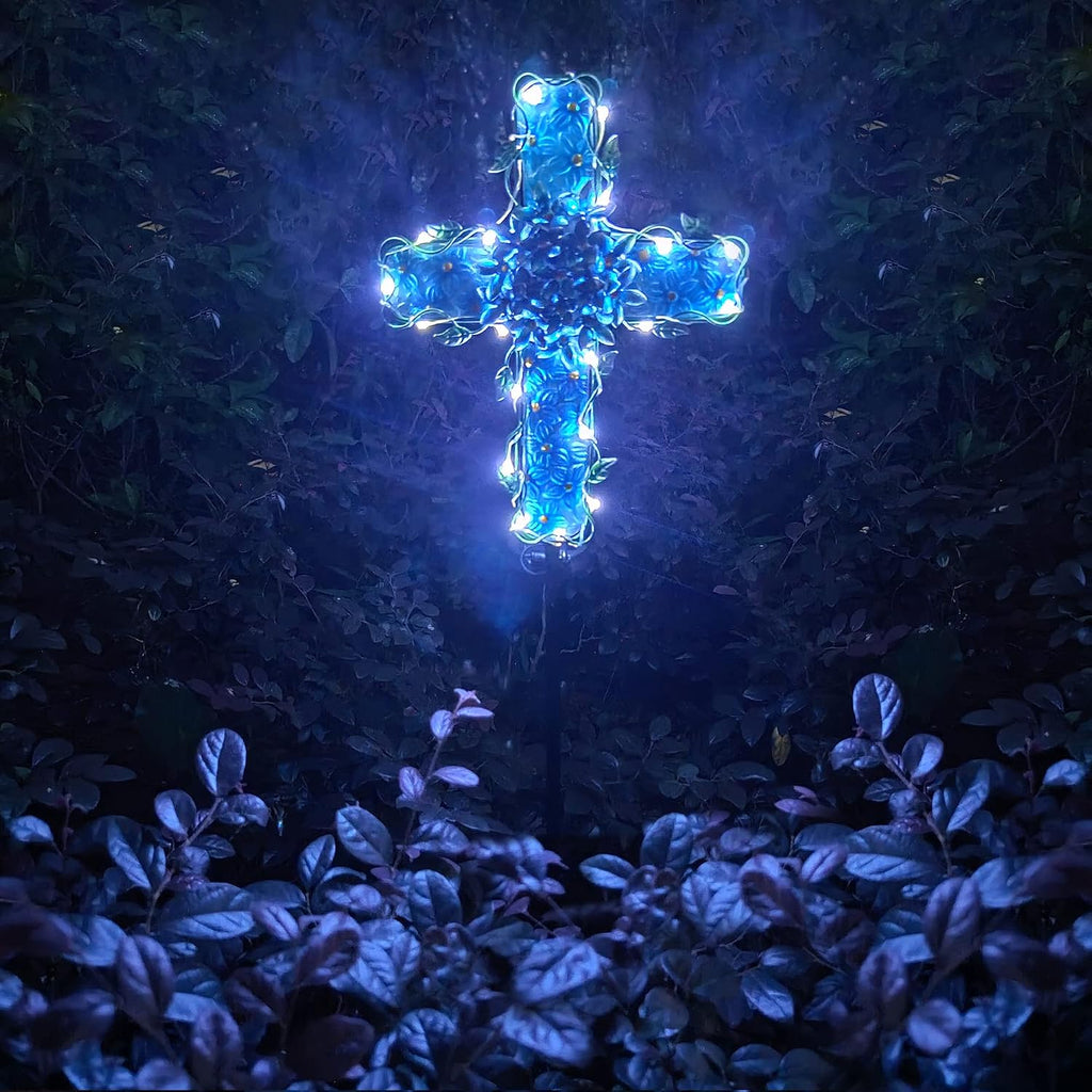 COOZZYHOUR Solar Cross Garden Lights Outdoor Decorative - Solar Metal&Glass Cross Blue Hydrangea Flower Stake Lights