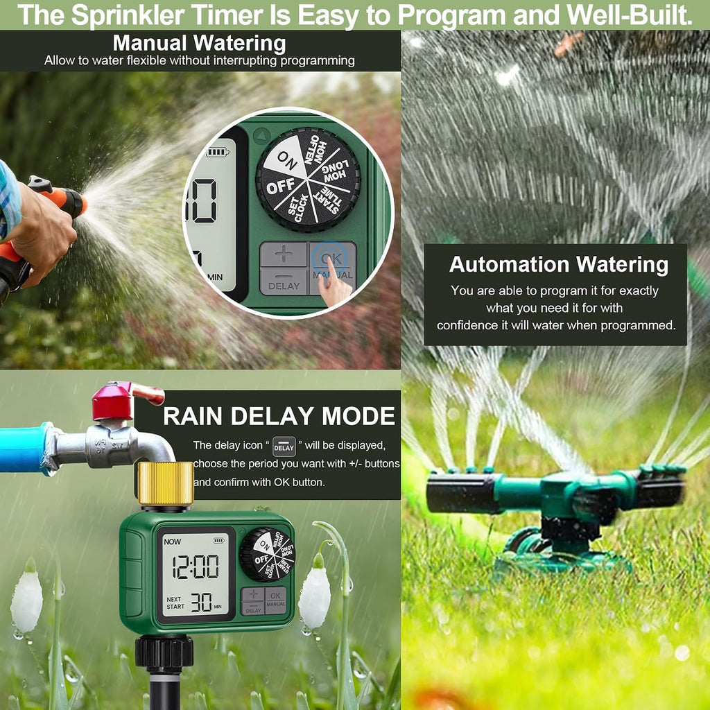 2 Pack Water Timer for Outdoor Garden Hose, Sprinkler Timer | for Garden Faucet Timer with Auto/Manual/Rain Delay Mode
