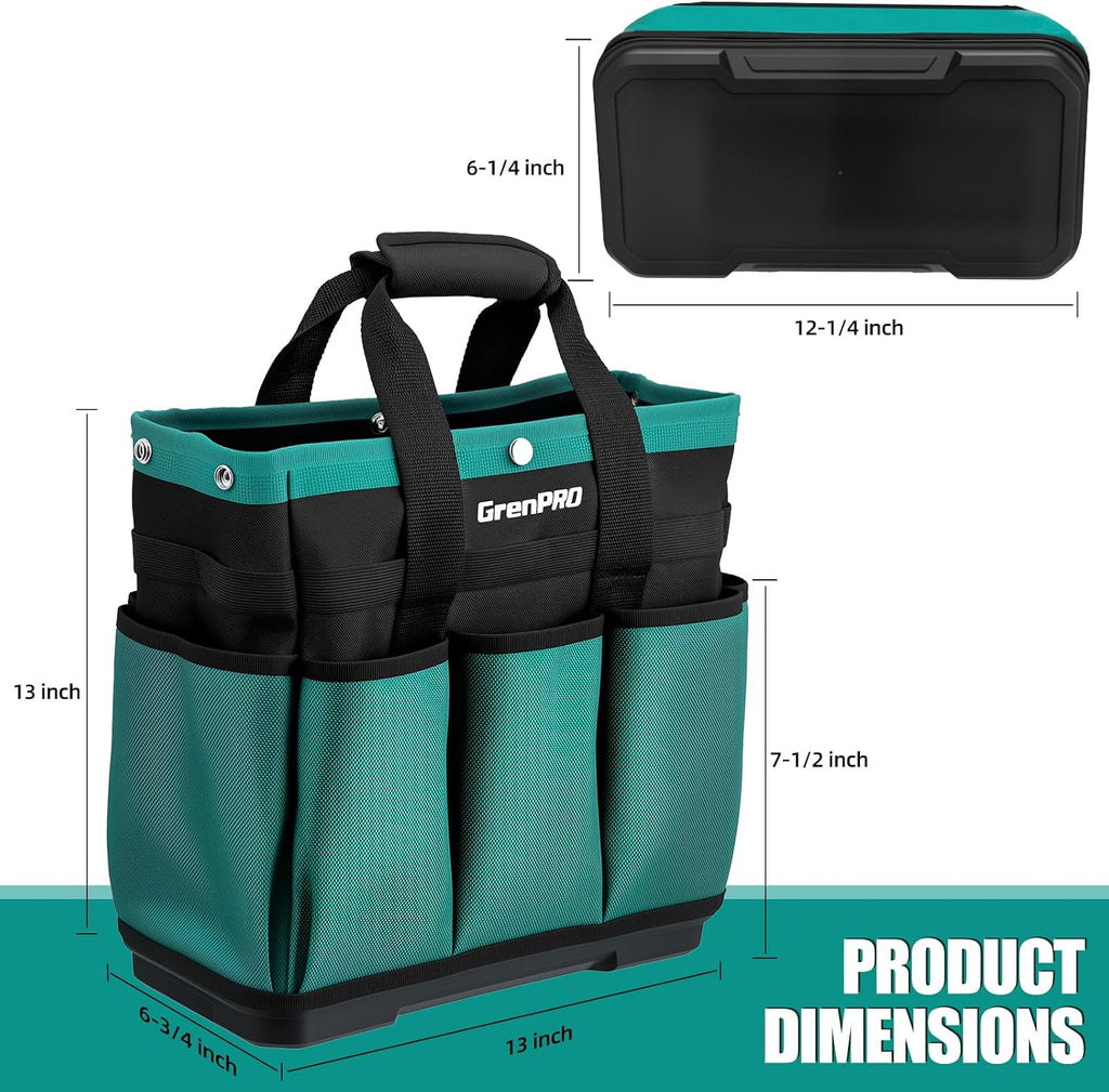 GRENPRO Heavy Duty Garden Tool Bag, Molded Bottom, 10 Pockets, Dark Green | Reinforced garden organizer tote stands