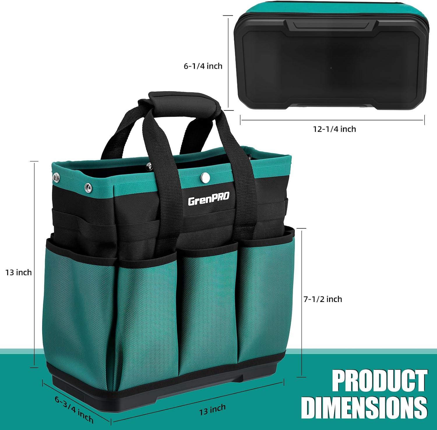 GRENPRO Heavy Duty Garden Tool Bag, Molded Bottom, 10 Pockets, Dark Green | Reinforced garden organizer tote stands