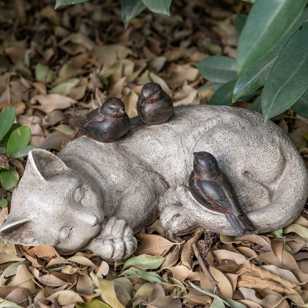 Sleeping Cat Garden Statues Outdoor - 12" Sparrows On Cat Figurine Memorial Statue Grave Markers Garden Resin Statues