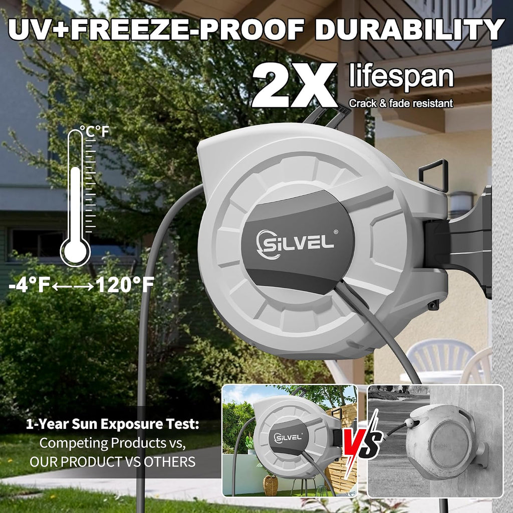 Retractable Garden Hose Reel, 1/2" x 100ft Wall Mount Heavy Duty Automatic Hose Reel with 10 Pattern Nozzle, Any Length