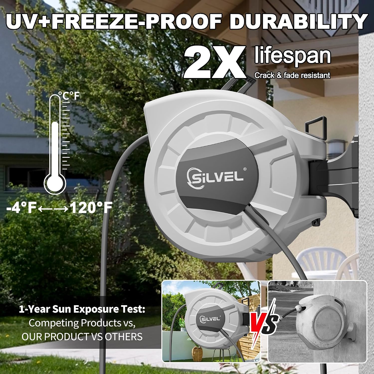 Retractable Garden Hose Reel, 1/2" x 100ft Wall Mount Heavy Duty Automatic Hose Reel with 10 Pattern Nozzle, Any Length
