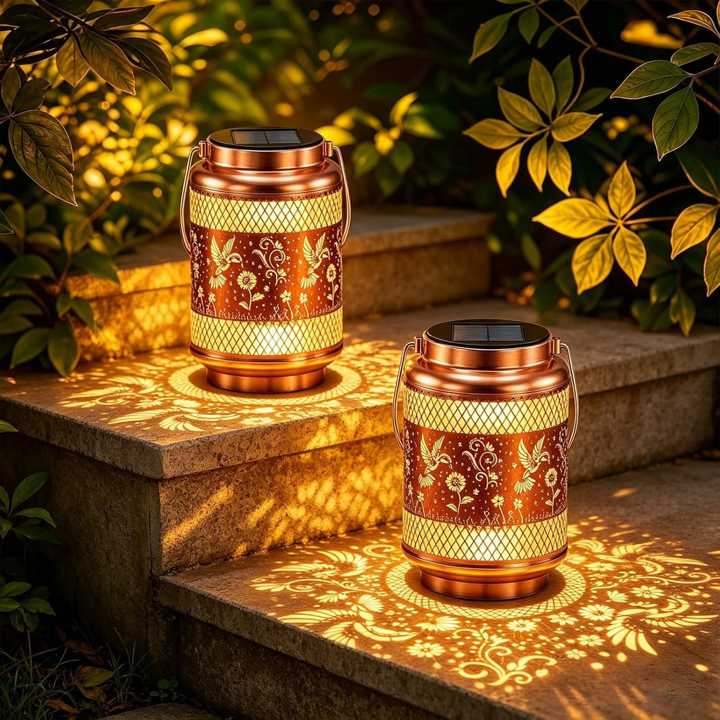 2 Pack Solar Lanterns Outdoor Garden Decor Solar Lights Waterproof Hummingbird Decorative Hanging Metal Lights Gardening Gifts for Mom Women Outside Yard, Patio, Backyard, Farm