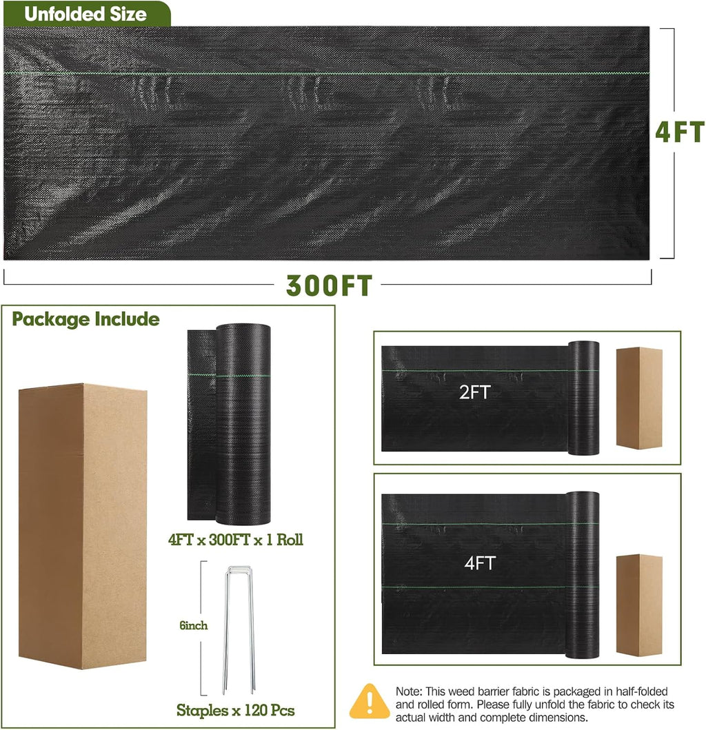 HongWay 4FT x 300FT Weed Barrier Fabric, Heavy Duty Landscape Fabric | Weed Control Garden Cloth with 120 Staples