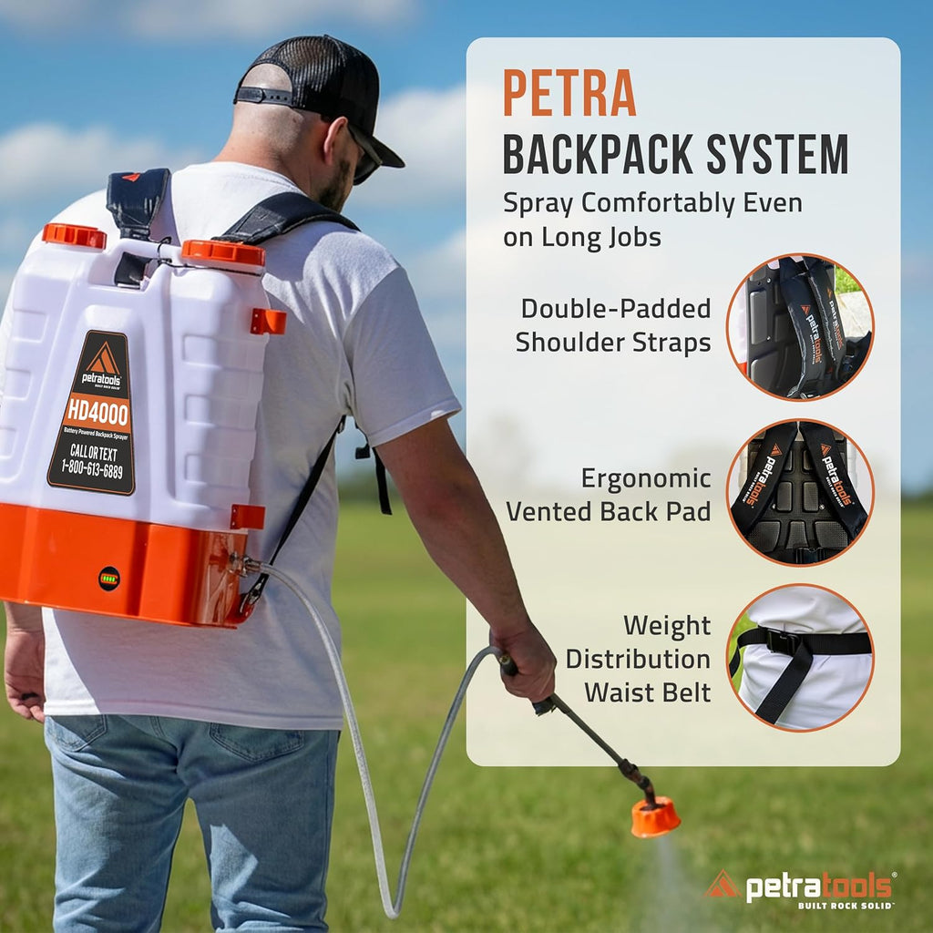 PetraTools HD4000 Battery Powered Backpack Sprayer, 6 Hr Runtime, 6 Nozzles | Electric Sprayer for Lawn & Garden w/